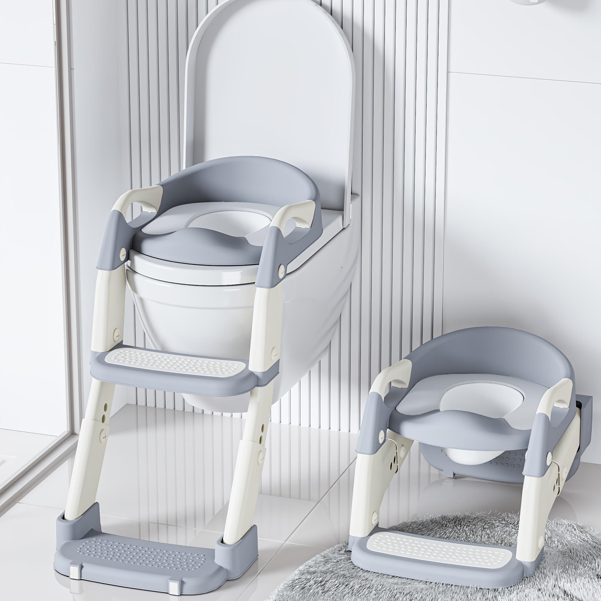 Portable children's toilet training toilet seat set (including step stool) - adjustable folding potty with safety belt, lightweight plastic material, suitable for home, staircase and travel scenes, needs to be assembled (gray model)