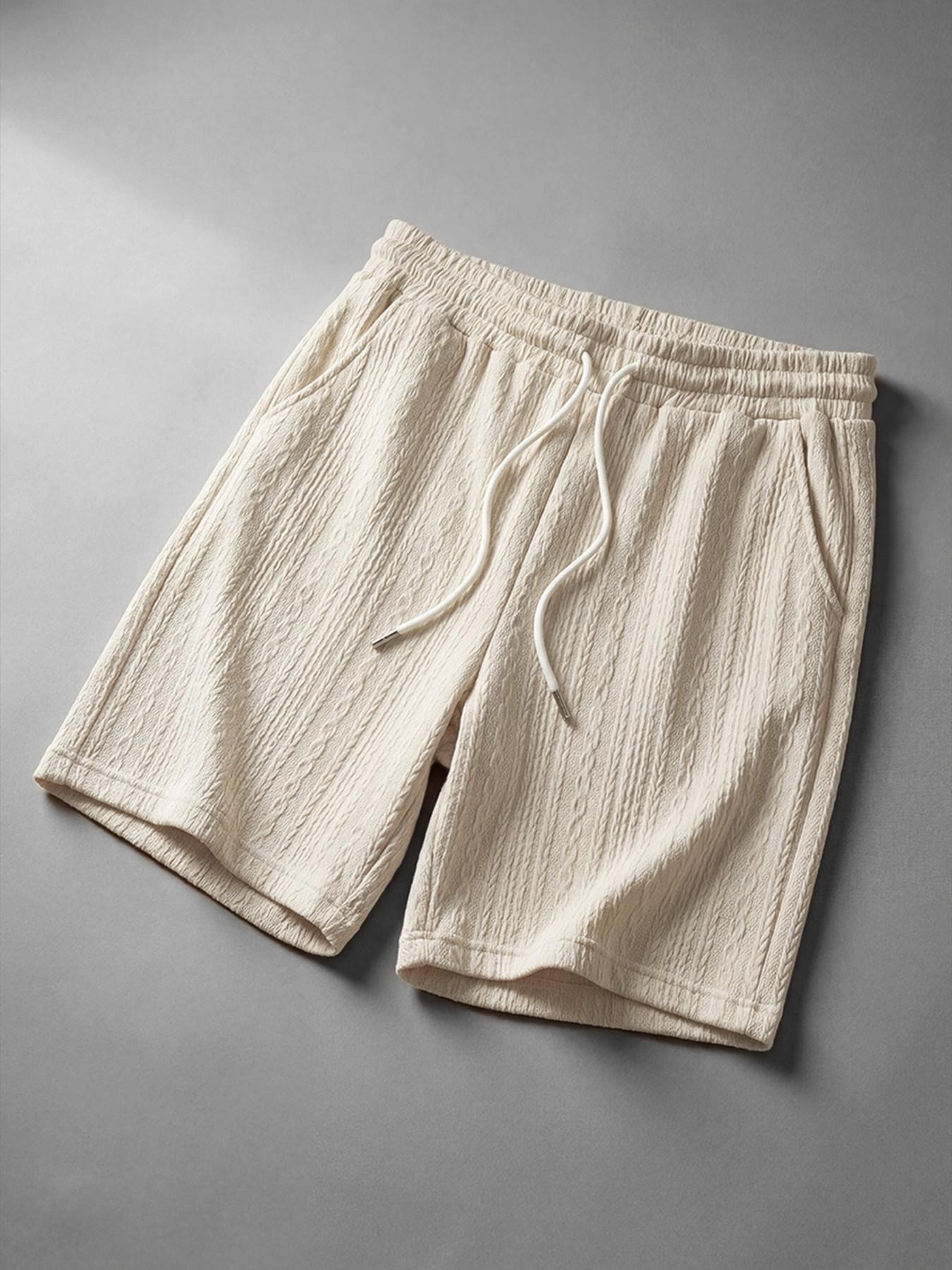 Men's Youth Textured Casual Vacation Outdoor Round Neck Loose Fit T-Shirt + Drawstring Shorts, Short Sleeve, Fitted, Plain, Contrast Binding