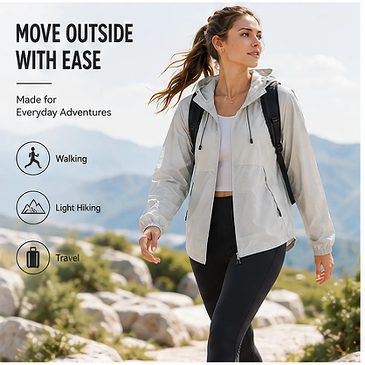 Women's Lightweight Hooded Jacket, Full-Zip Outdoor Jacket with Zip Pockets & Elastic Cuffs, Relaxed Easy-Layer Fit for Walking, Travel, Light Hiking & Commute, Everyday Womenswear, Casual Lightweight Jacket for Women, Spring Summer Layer, Outdoor Comfort