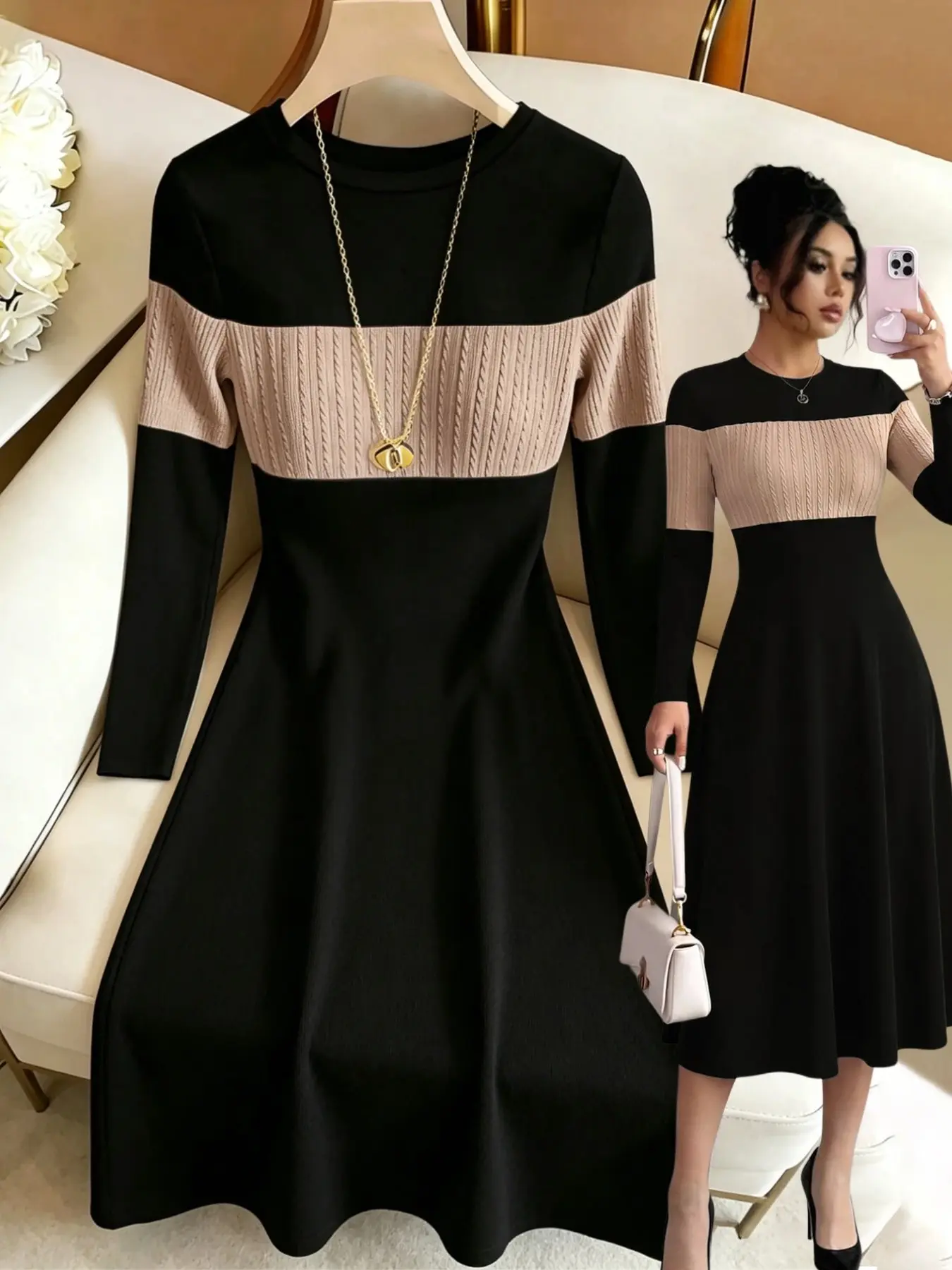 Elegant Colorblock Round Neck Long Sleeve Knit Dress, Knitted Material, Casual Outdoor Essential, Perfect for Commute and Office Wear, Fall Winter Women's Fashion