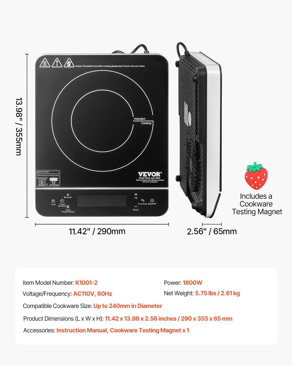 VEVOR Portable Induction Cooktop, 1800W Electric Induction Burner with 9 Temperature Settings, Countertop Induction Hot Plate with 4H Timer, 24H Reservation, Child Lock, Easy to Clean, for Cooking