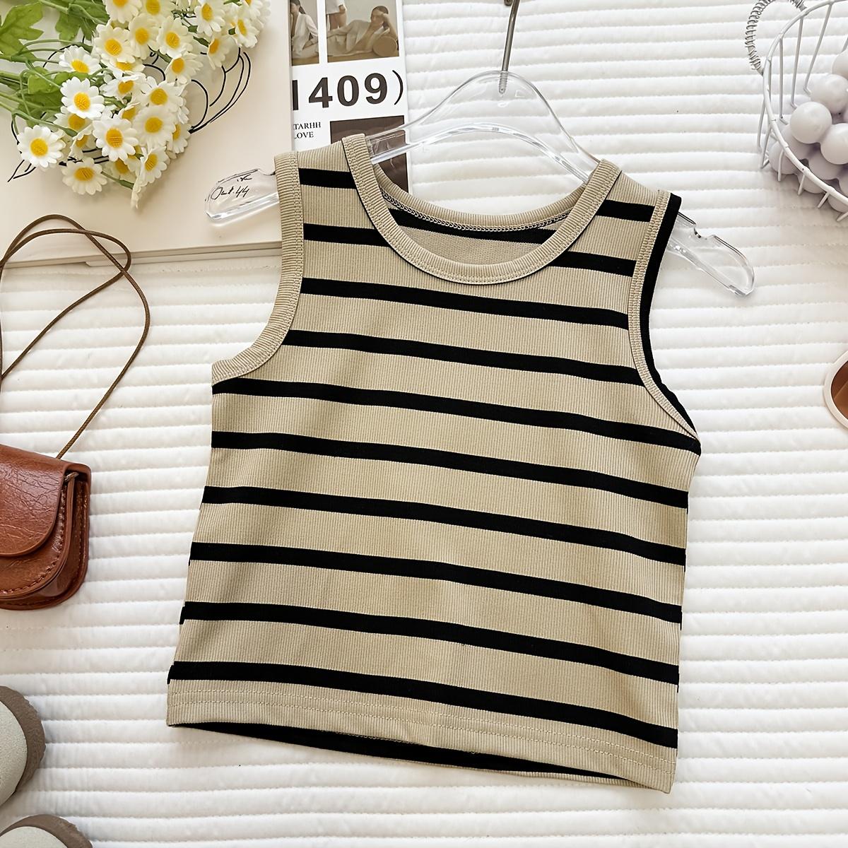 Girls' 2026 Summer New Korean Style Casual Polyester Mix Thin Stripe Print 2-Piece Set - Versatile Striped Vest, Denim Front Pinafore Dress