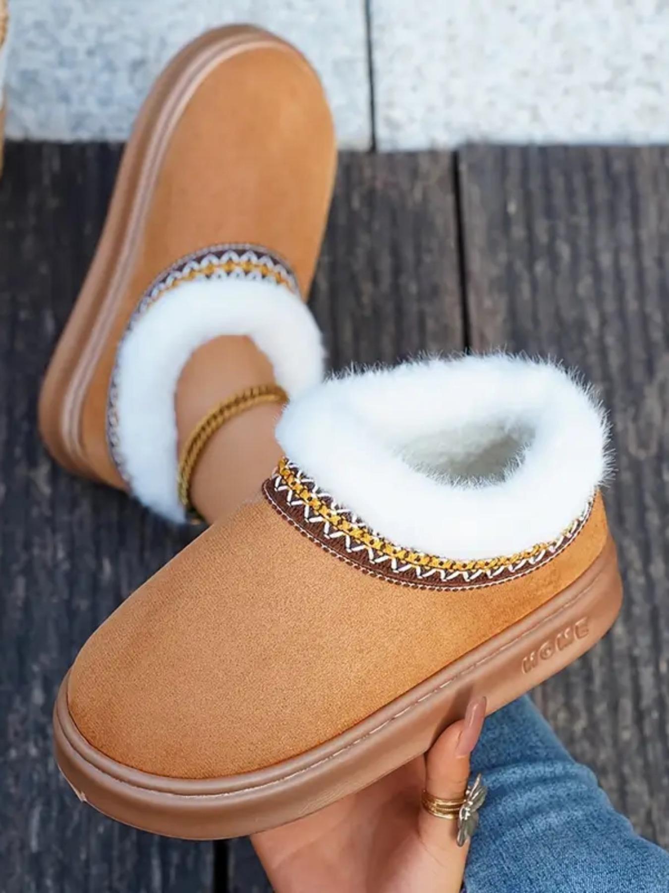 Women’s Slip-On Winter House Slippers Boots – Fluffy Snow Boots Thick Plush Lined Snow Slippers with Embroidered Ethnic Style Trim, Soft Warm Upper and Cushioned Insole, EVA Sole for Indoor & Outdoor Use, Stylish Classic Design for Home, Office & Gift