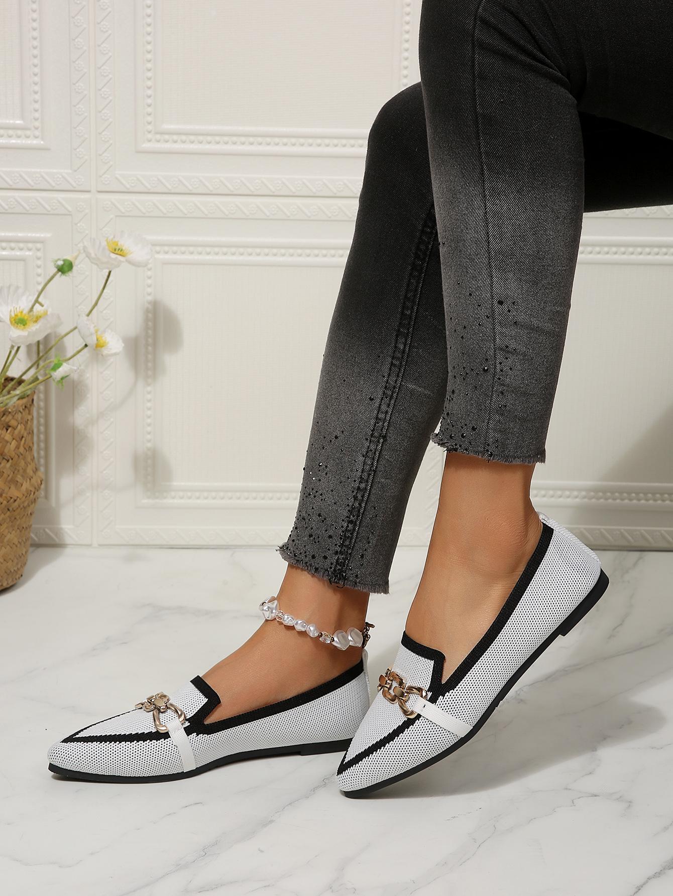 1 Pair Women's  Colorblock Knit Pointed Toe Metal Buckle Flat Loafers, Minimalist Commute Style Breathable Slip-On Shoes, Versatile Elegant Comfortable Professional Footwear for Office Work