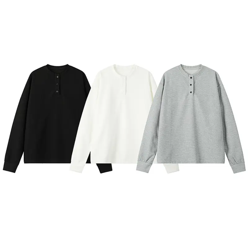 Men's Waffle Knit Henley Shirt Set, Long Sleeve Button Neck Classic Casual T-Shirt, Spring & Fall Loose-Fitting Unlined Clothing