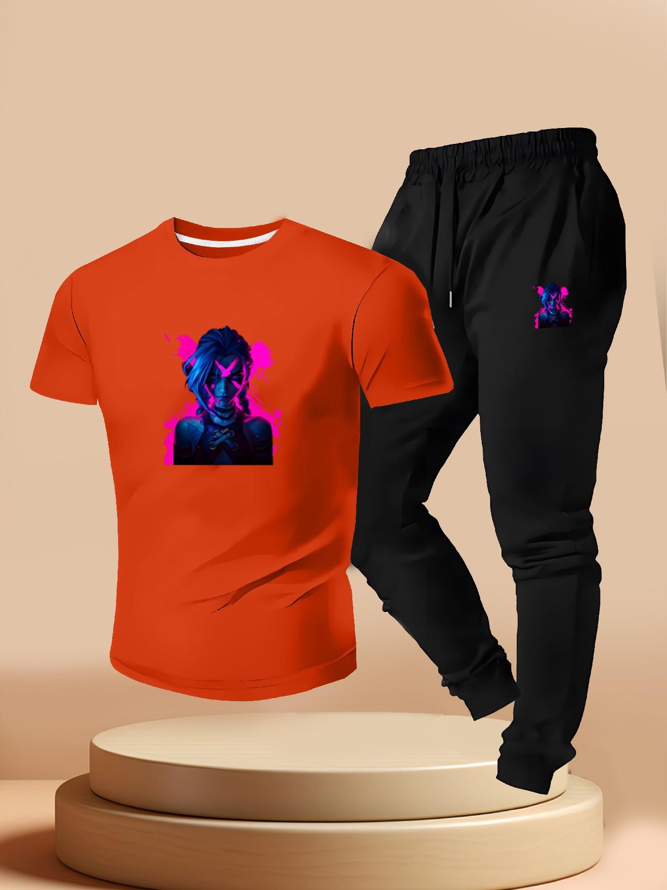 Cyberpunk Neon Gold Khione League of Legends Print, Casual Short Sleeve T-Shirt + Jogger Pants Set, Summer Gamer Style