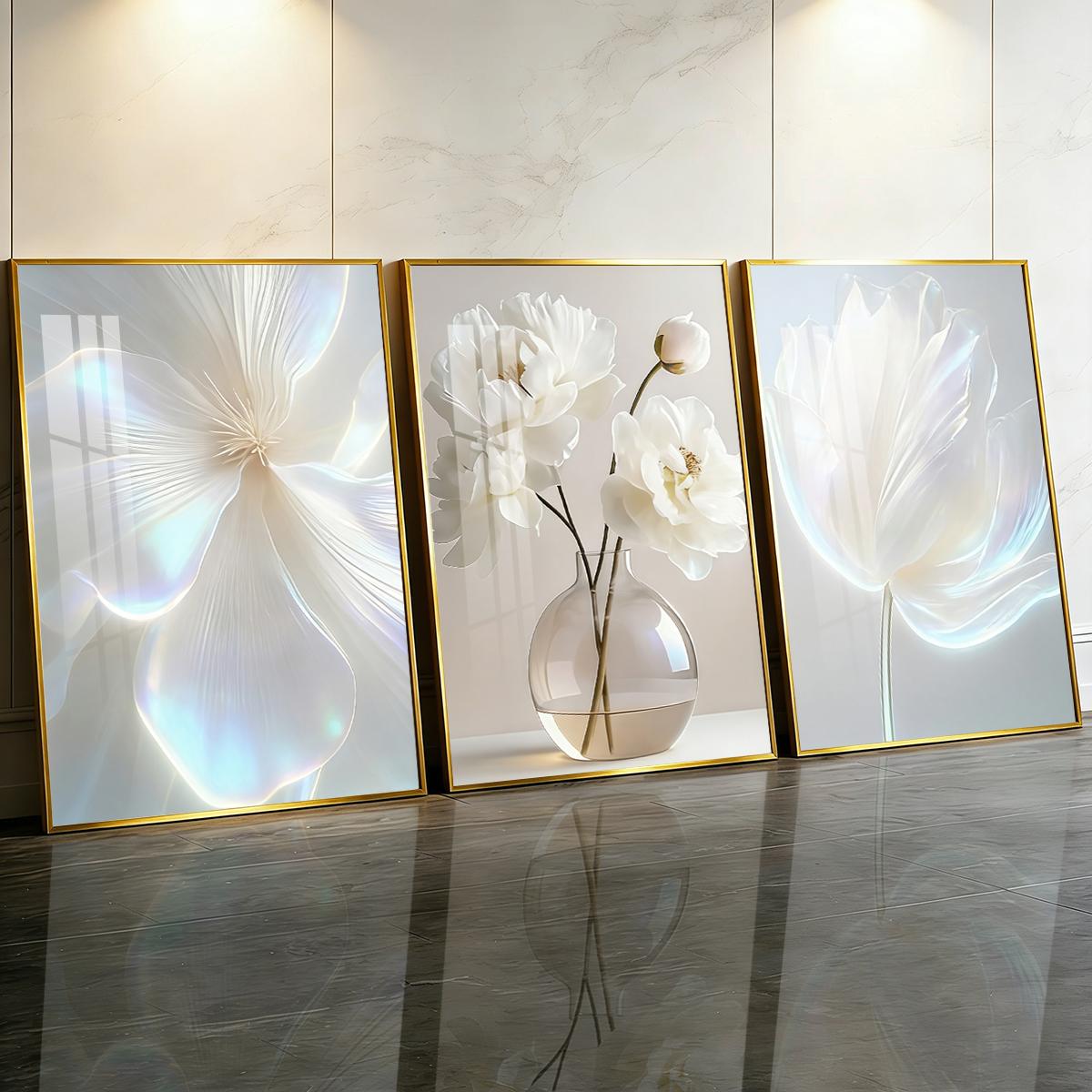 3 Counts Aluminum Alloy Framed Painting, White Floral Vase Artwork, Home Decoration For Living Room, Bedroom, Office, Restaurant, Hallway Wall Decor, Odorless Print Artwork, Luxury Perfect Gift For Friends And Family