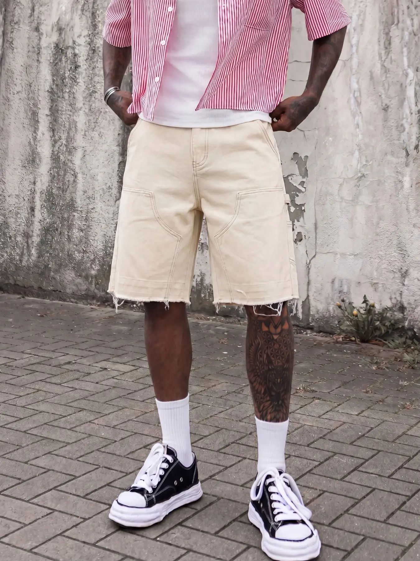 Men's Apricot Carpenter Shorts, Baggy Jean Shorts, Loose Fit Denim Shorts with Frayed Hem, Vintage Streetwear Casual Bottoms, Ideal Gift for Boyfriends & Husbands