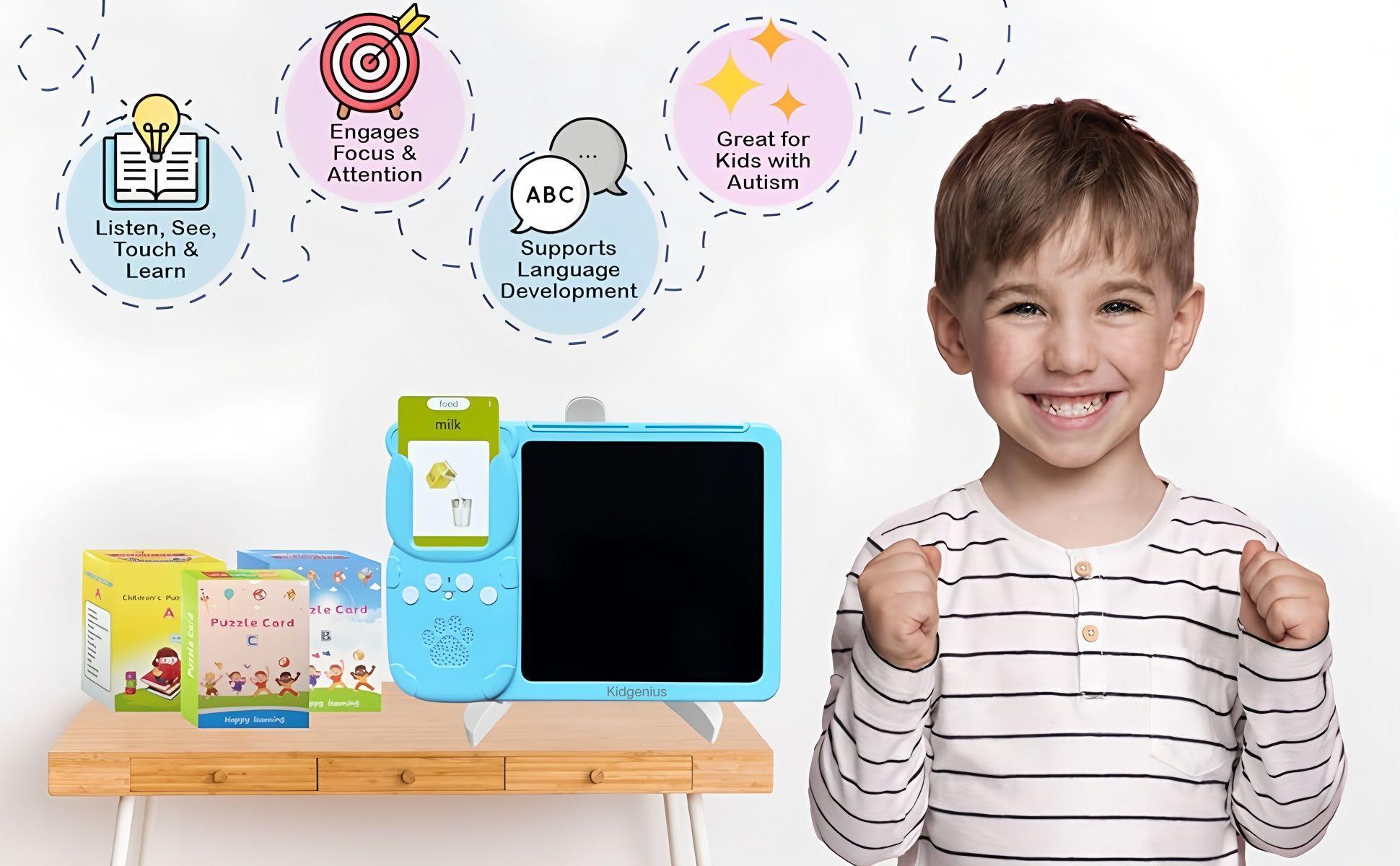 KIDGENIUS  Spanish & English 510 Vocabulary Words Portable LCD Screen Early Learning Gift for Kids Dual Grammar System Interactive Drawing Fun Multifunctional Toy for Autism Therapy - Talking Flash Cards