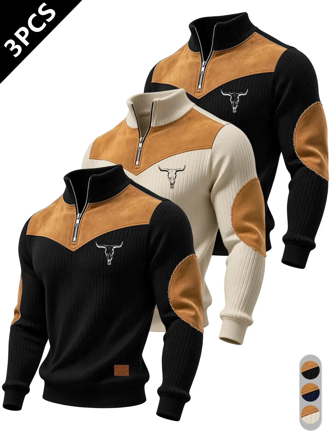 【Black Friday】Men's Half-Zip Stand Collar Knit Top, Faux Suede Patchwork Design, Bull Head Print, Retro American Style, Casual Wear, Knitwear