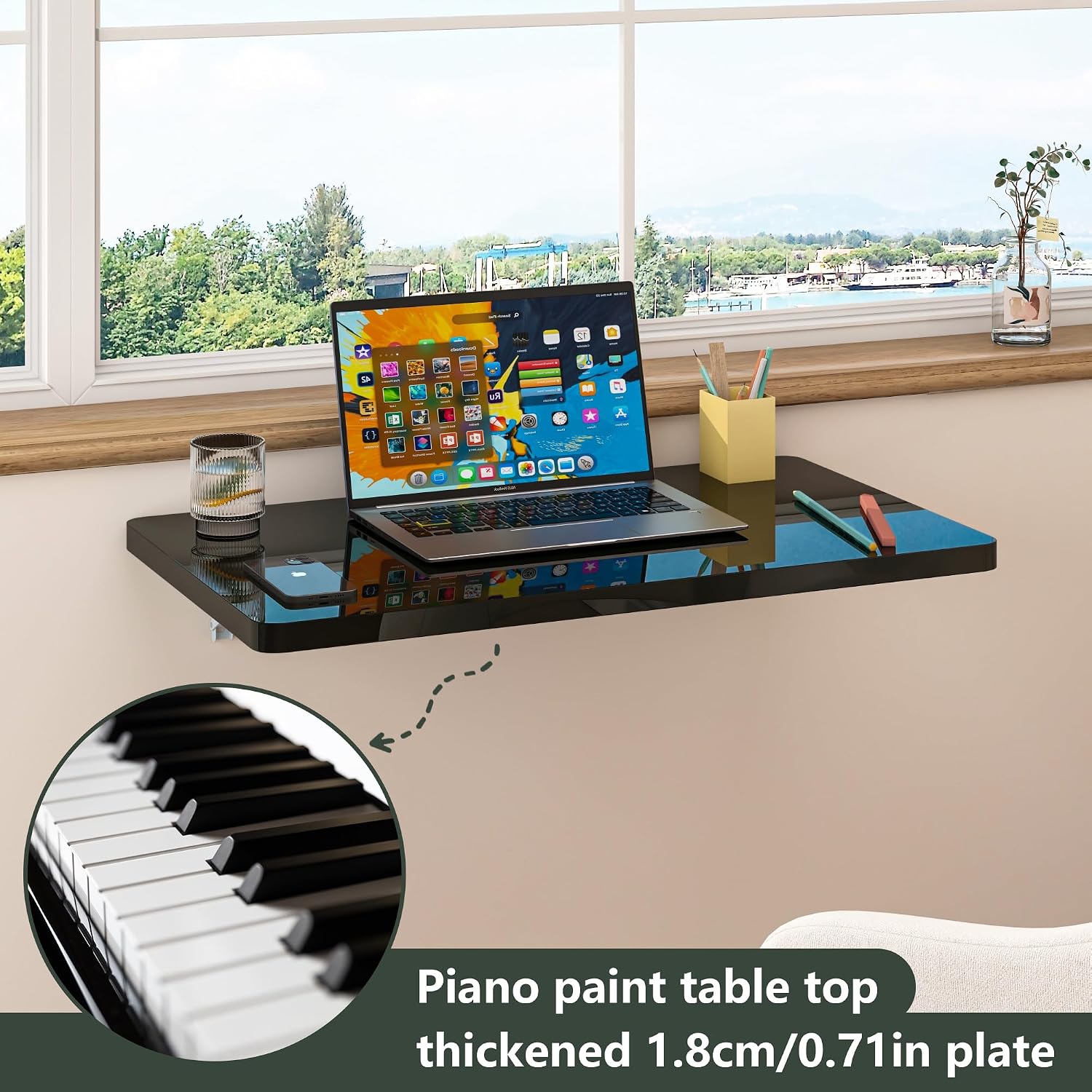 Black Wall Mounted High Gloss Folding Table 23.6" L x 15.7" W, Laundry Folding Table for Laundry Room,  Office, Kitchen, Bedroom,  Bar, Wall Desk Fold Down for Small Spaces