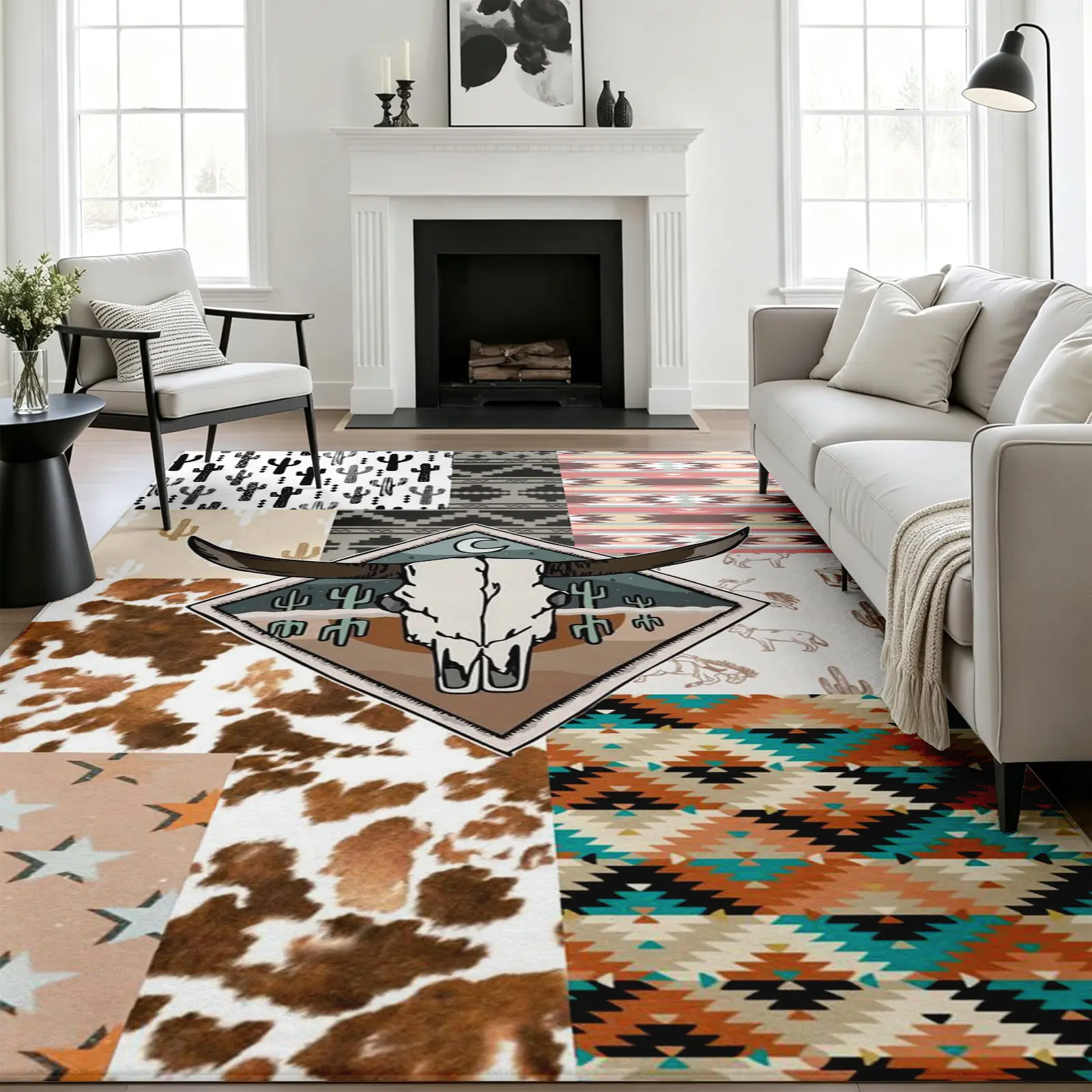 5x7ft Home Indoor Western Cowboy Patchwork Area Rug with Longhorn Cacti, Synthetic Fiber Soft Low-Pile Non-Slip Machine-Made Machine Washable Carpet, Rustic Living Room Bedroom Decor, New Home Housewarming Gift