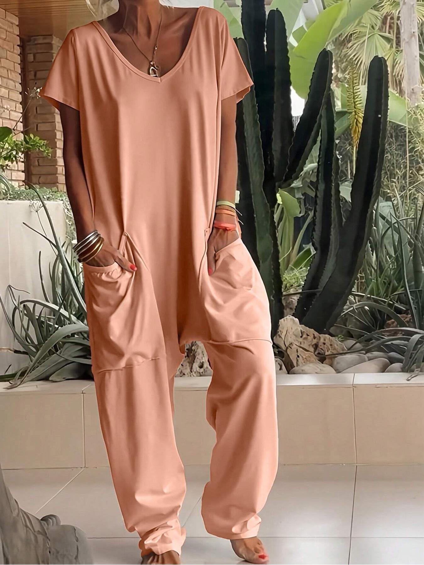 Women's Solid Color V-Neck Oversized Pocket Low Waist Jumpsuit, Casual Home Wear, Comfortable One-Piece Pants, Perfect for Daily Use