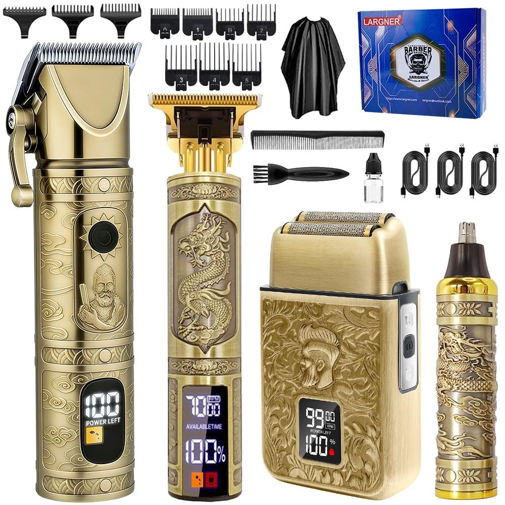 LCD Display Hair Clipper and Razor Set, Professional Cordless Hair Trimmer and Shaver with Guide Comb, Charging Cable and Cleaning Brush, Barber Hair Cutting Kit, Barber Clippers