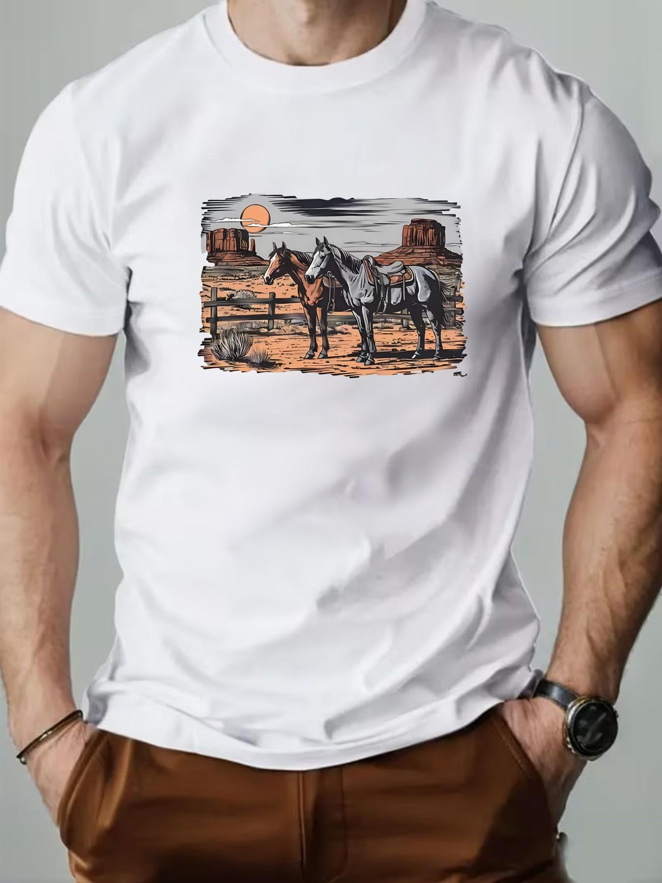 Men's Round Neck T-Shirt, Retro Western Desert Animal Geometric Print, Slim-Fit Casual Short Sleeve, Perfect for Daily Wear and Gifts