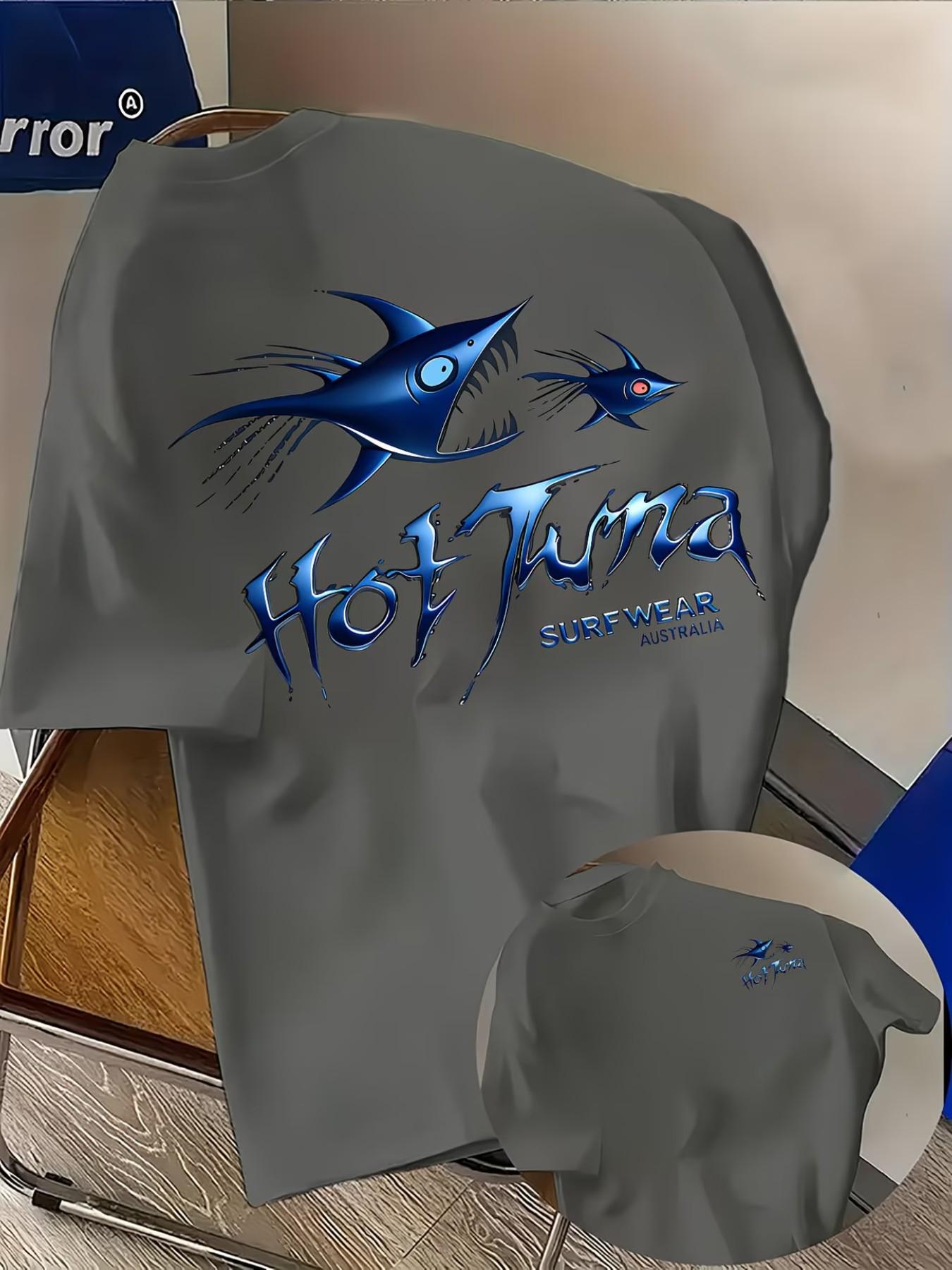 Men's Casual 'hot Tuna' Shark Print T-Shirt, Fashion Dual-Sided Print, Lightweight Elastic, Regular Fit, Summer Streetwear, Comfortable Wear