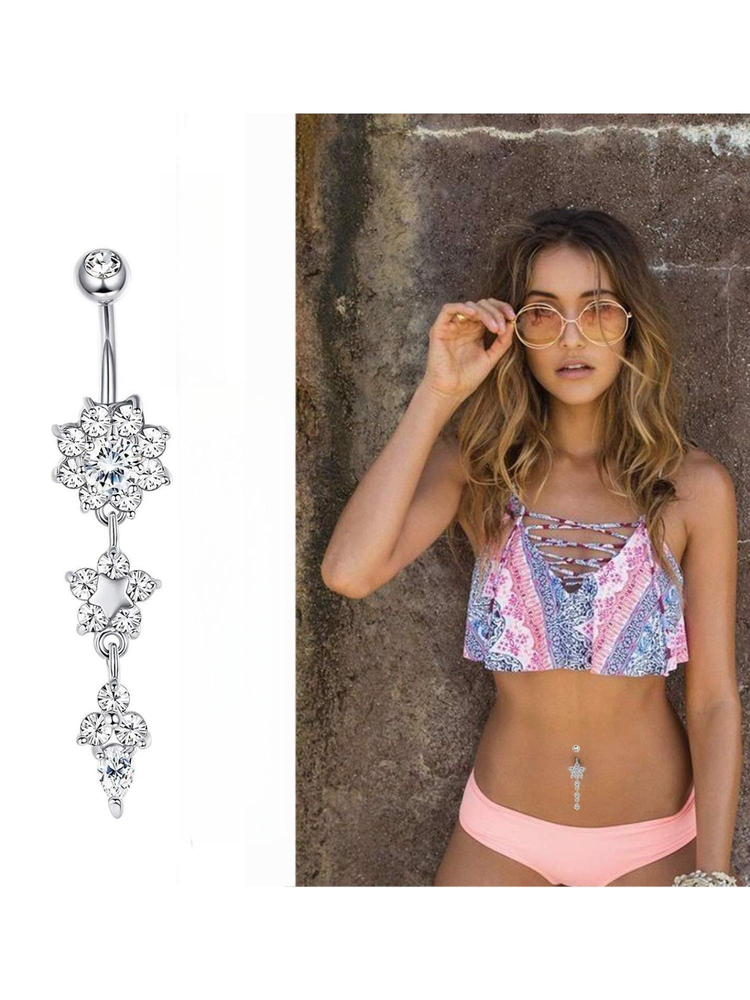 6 Pcs Golden Sparkling Belly Button Ring Set for Women Men Hypoallergenic Stainless Steel Reverse Navel Piercings with CZ Dangle Design Perfect for Summer Beach Rave Daily Wear