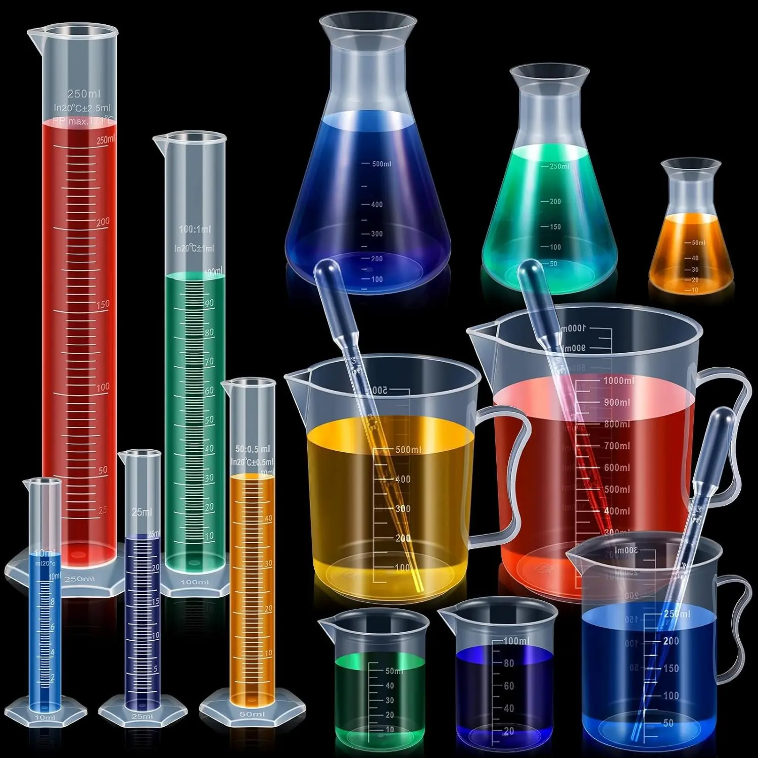 5Pcs Graduated Cylinder 10ml 25ml 50ml 100ml 250ml 5Pcs Plastic Beakers 50ml 100ml 250ml 500ml 1000ml 3Pcs Plastic Erlenmeyer Flask 50ml 100ml 500ml and 10Pcs 3ml Disposable Transfer Pipette