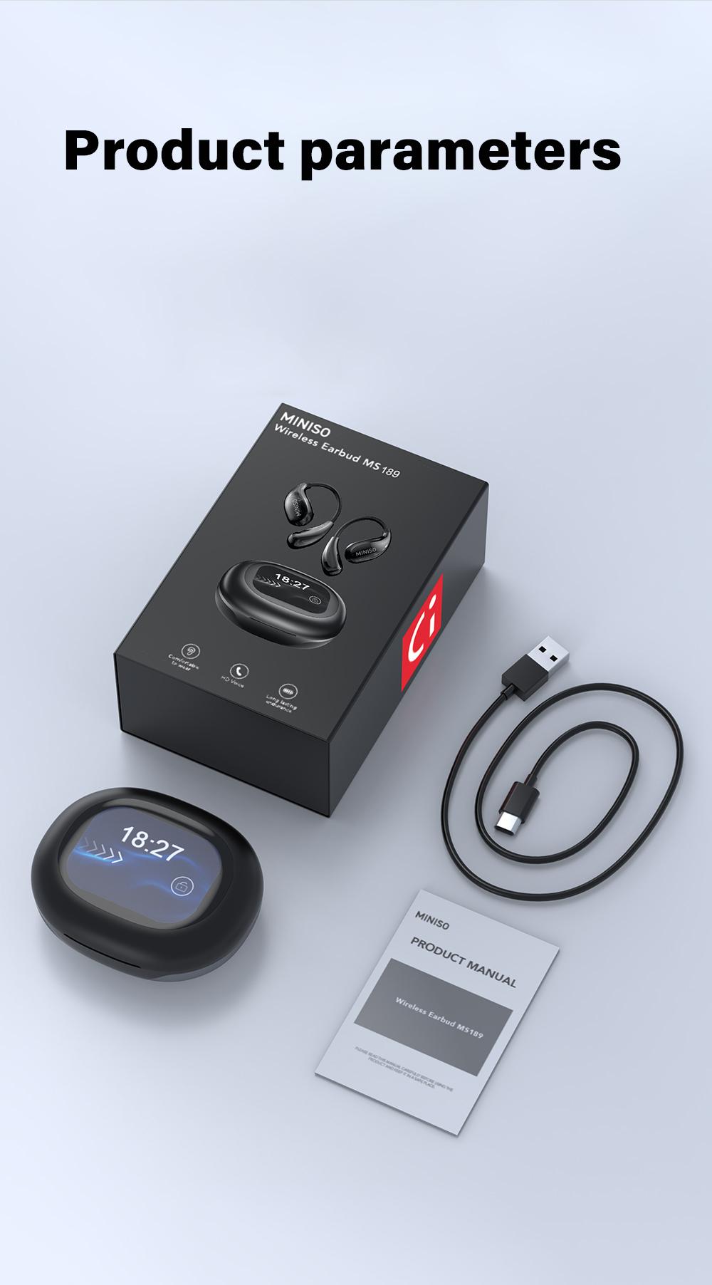 MINISO MS189 Wireless Earbuds Full Color Display Touch Earbuds Open Ear Wireless Headphones for iPhone and Android Headphones LED Touchscreen Earbuds Ear Hooks Design ,With HD Mic, Waterproof,24H Playtime, Bluetooth 5.4 Earbuds, Gaming with Low Latency