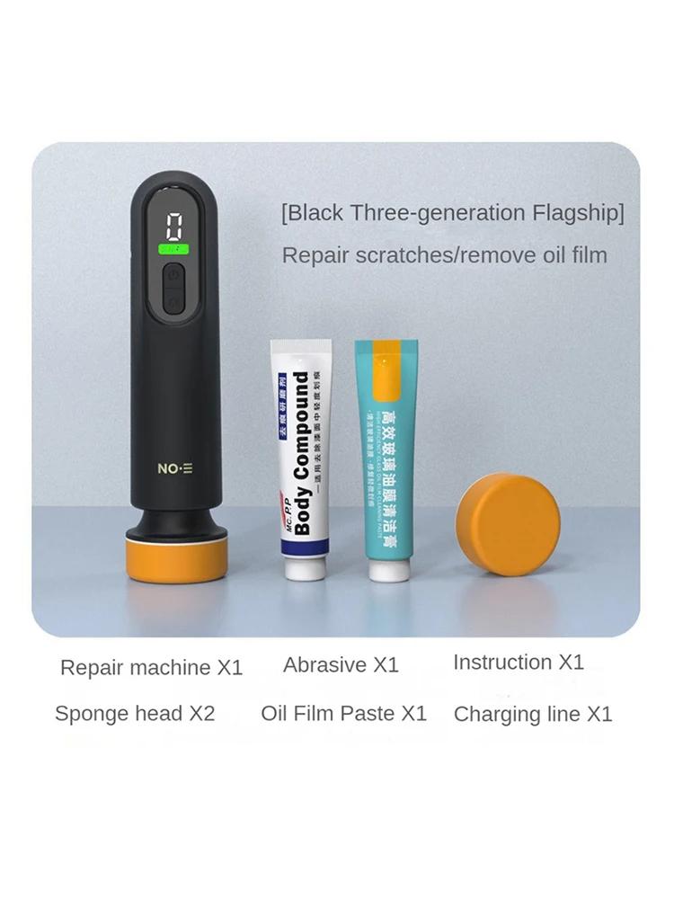 Black cordless mini polisher with orange sponge heads and car-care compounds