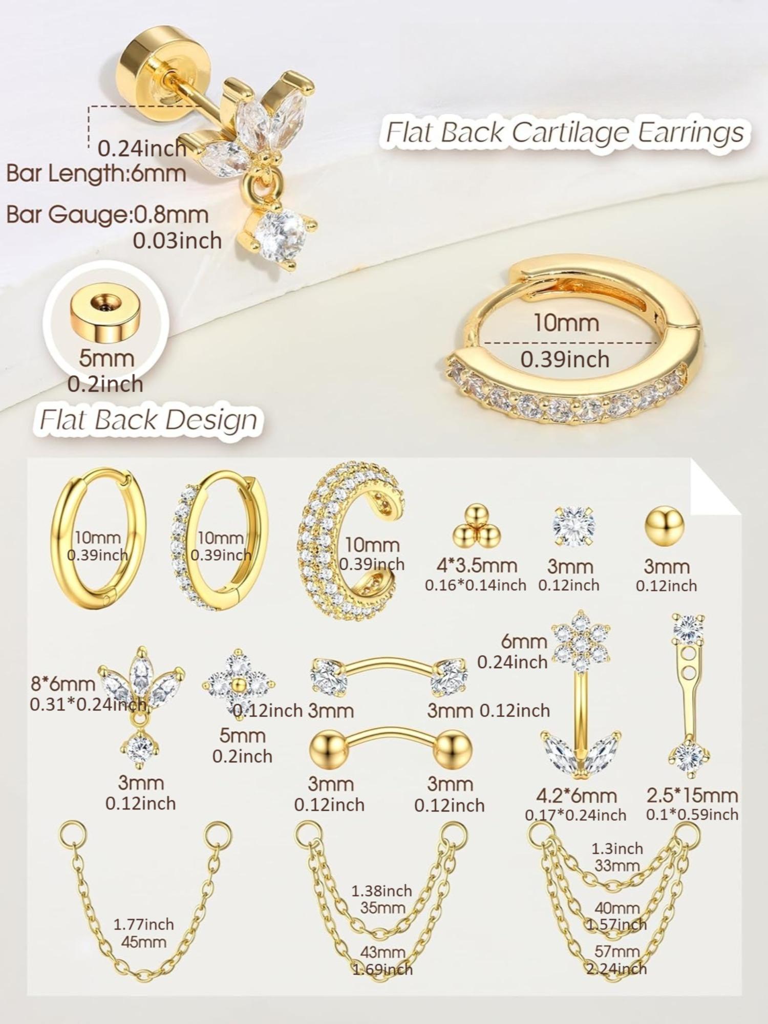 Versatile 24 Pcs Golden Shining Earrings Set Trendy Helix Piercings Surgical Steel Copper for Women Men Small Hoop Earrings with Chain Flat Back Stud Earrings Cartilage Conch Rook Tragus Piercing Earrings