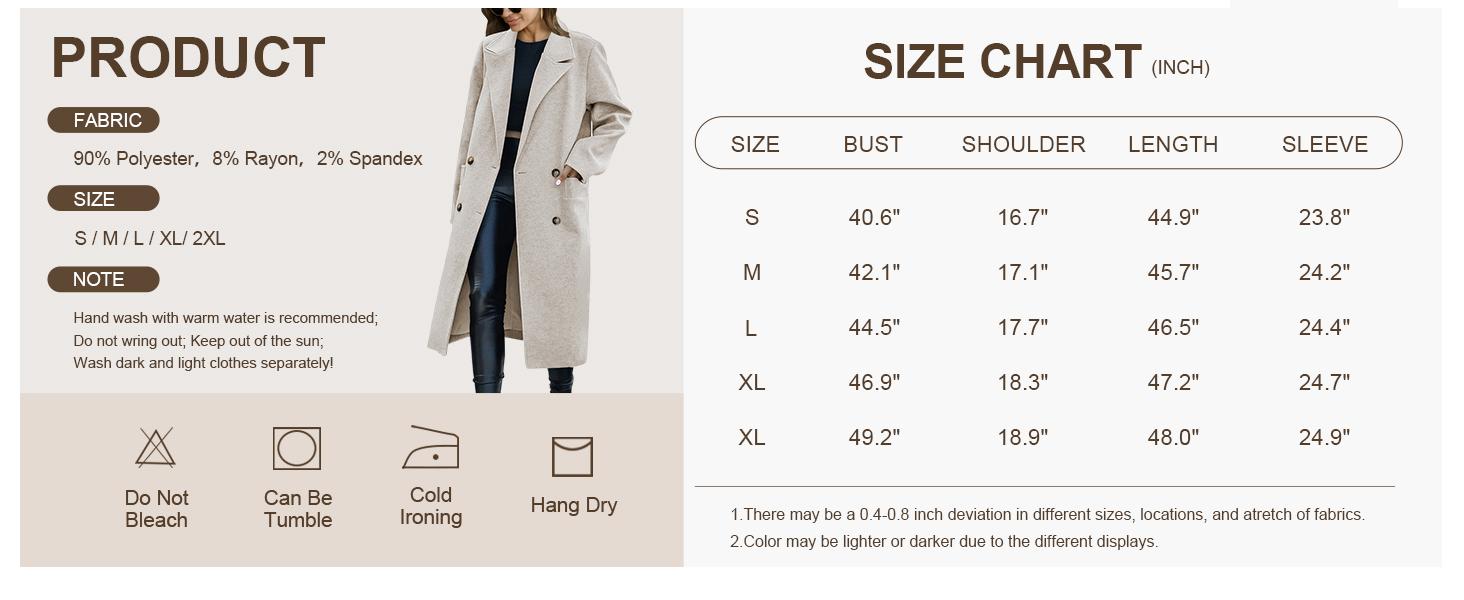 Danedvi Womens Trench Coat Winter Lapel Double Breasted Long Pea Coat Casual Work Office Overcoat with Pocket Tops Detachable Jacket