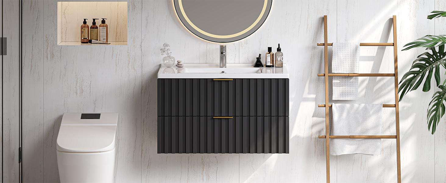 【SPOTLIGHT DAY】ONBRILL 30/36 Inch Bathroom Vanity with Sink Combo, Floating Bathroom Vanity with 2 Fluted Drawers & Metal Handle, Modern Wall Mount Storage Cabinet with Ceramic Integrated Sink for Small Space