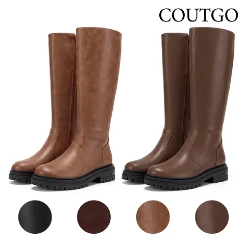 Coutgo Women's Minimalist Plain Knee High Riding Boots - 1.8-in Low Block Heel, Rubber Lug Platform Sole, Round Toe, Side Zipper, Dressy Casual Footwear Fashion for Fall Winter, Women's Shoes with Rubber Upper