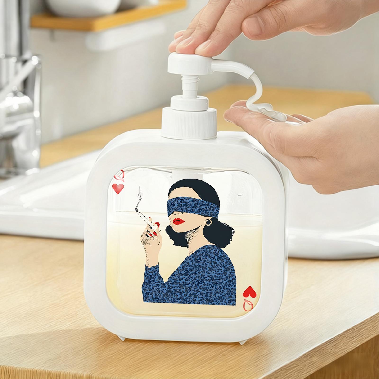 Moisturizing Soap Pump Bottle - Retro Queen of Hearts Design with Blue Blindfold & Floral Dress, Kitchen & Bathroom Soap Dispenser for Artistic Home Decor