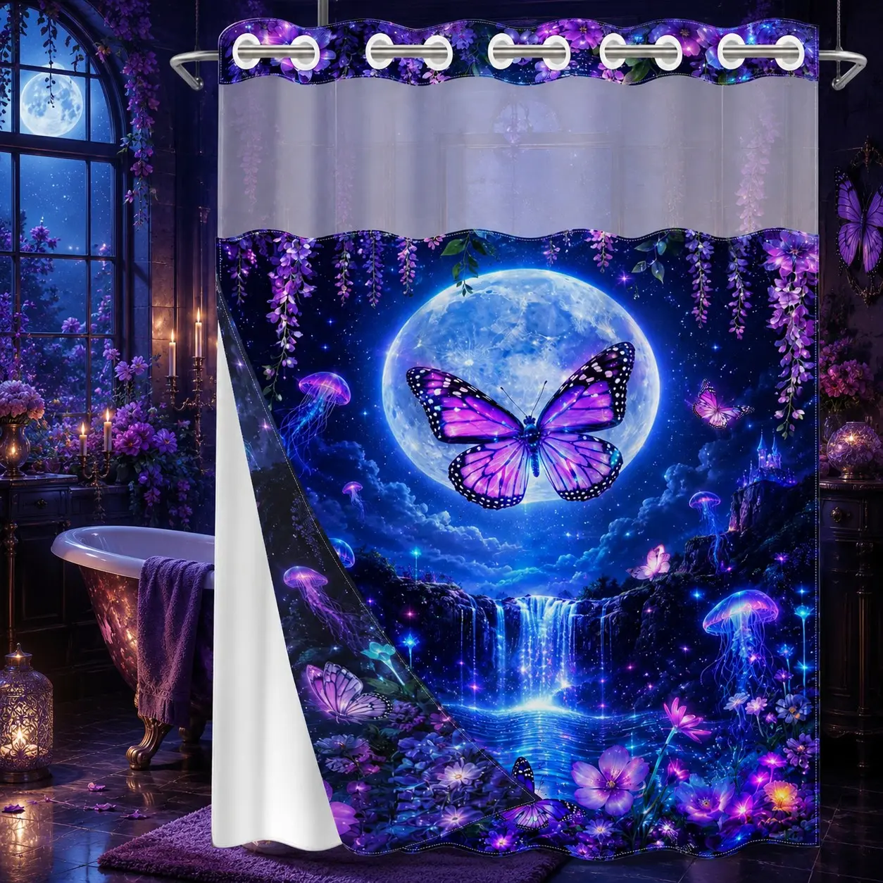 1PC 2D Flat Purple Butterfly, Full Moon, Waterfall, Wisteria & Jellyfish Fantasy Pattern Double-Layer Woven Shower Curtain, No Hooks, Transparent Top Window, Removable Snap-On Liner, Dreamy Gothic Bathroom Art Decor, Bathroom & Holiday Decoration