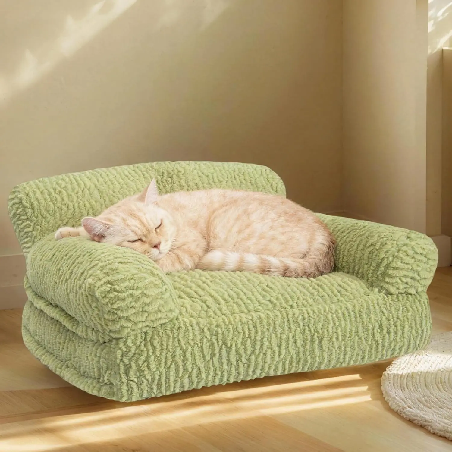 Cat Couch Bed - Plush Fluffy Cat Sofa for Indoor Cats, Orthopedic Kitten Lounge Chair with Removable Washable Cover, Supportive Pet Couch, 24 inch, Green
