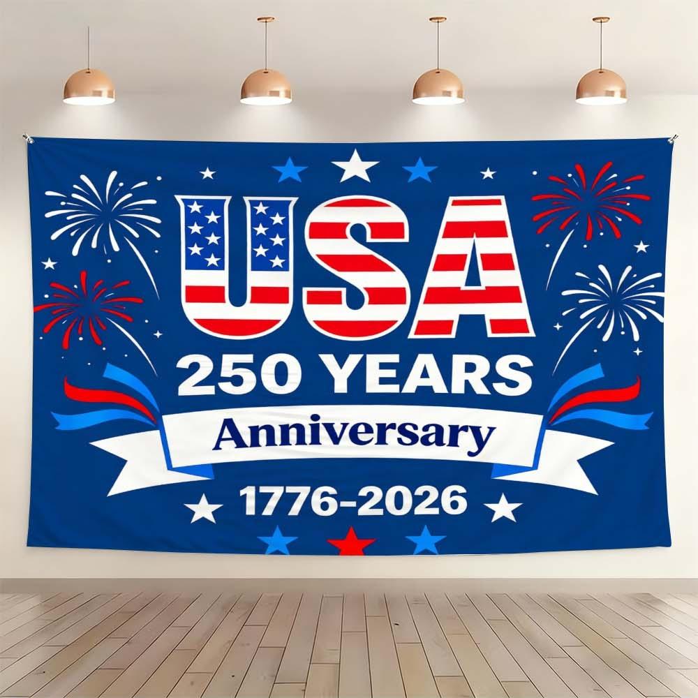 1PC USA 250 Years Anniversary Tapestry Wall Decoration Fabric for Independence Day Celebration Living Room and Bedroom Atmosphere Enhancement Fireworks Pattern for Daily Gatherings and Festive Home Decor