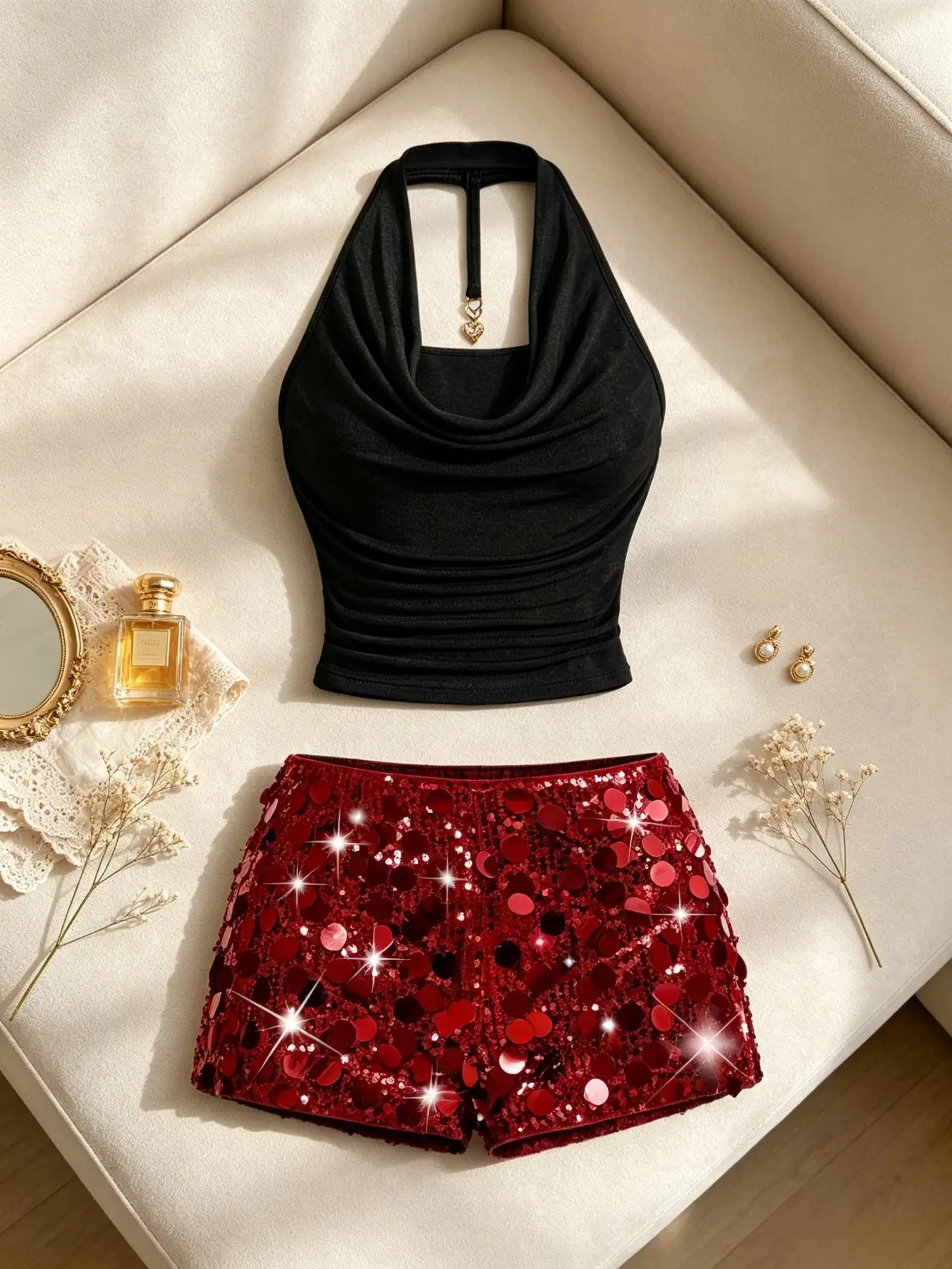 Women's Shiny Two-Piece Party, Sleeveless Halter Neck Short Top + Solid Sequin Shorts, Nightclub Concert Festival Set
