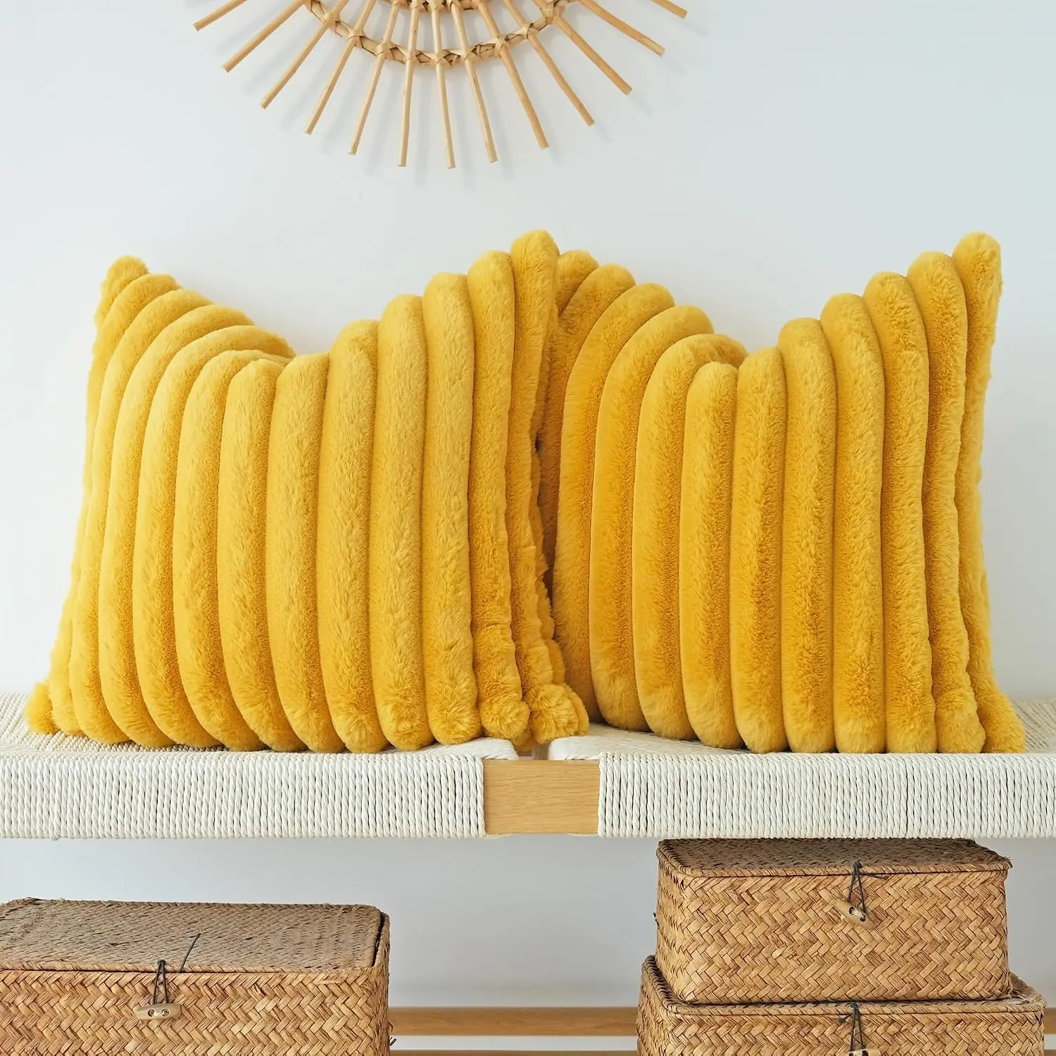 Pack of 2 Faux Fur Plush Decorative Throw Pillow Covers Couch Cushion Case Soft Pillowcases (Mustard Yellow, 18 x 18-Inch) | Pack of 2, Couch Cushion Case, Soft Pillowcases, Decorative