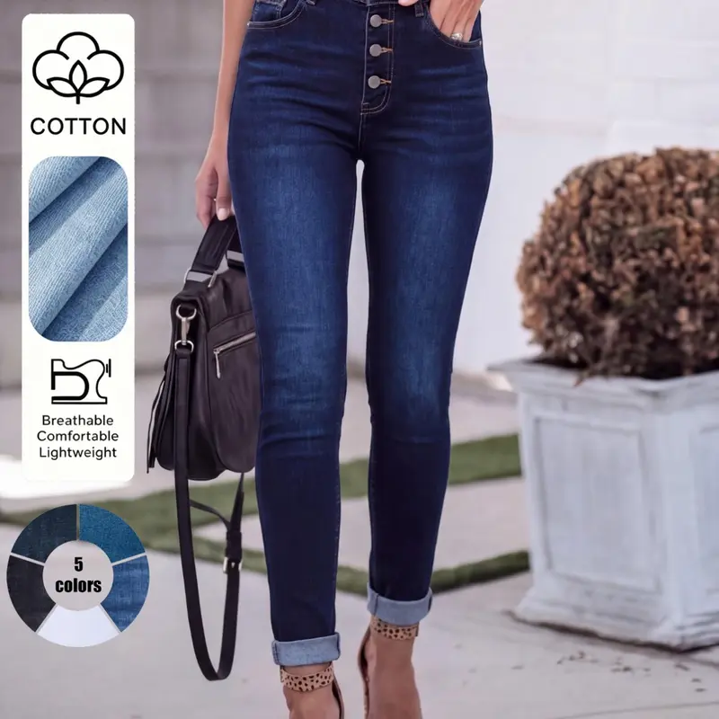 Women's Elastic Casual Slim-Fit Denim Jeans, Rolled Hem, Button Fly, All Seasons, Fashionable for Daily Wear, Comfortable and Stylish