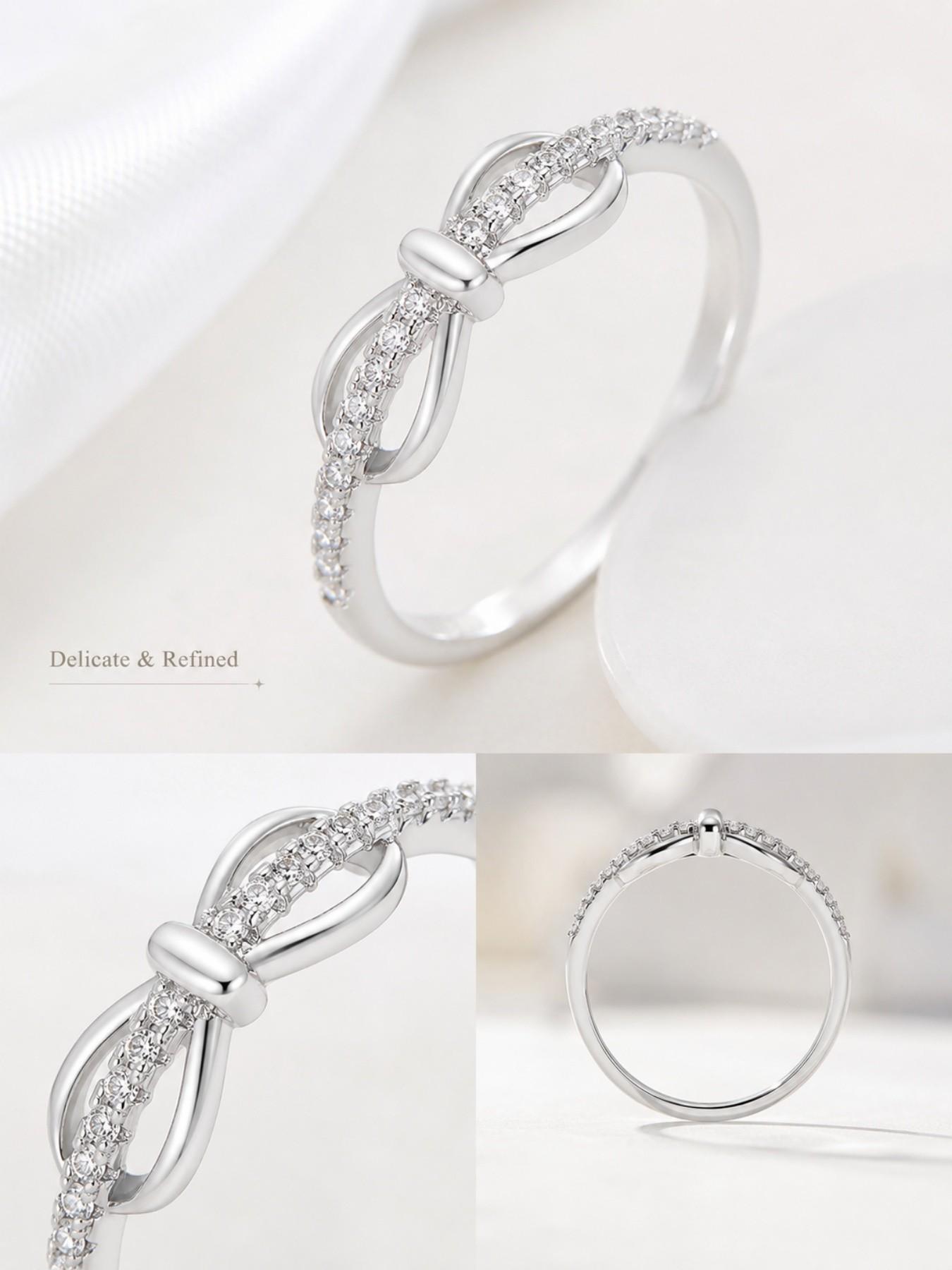 S925 Sterling Silver Elegant Bow Ring inlaid with D-color lab-grown moissanite, ideal gifts for birthdays, wedding anniversaries and Christmas