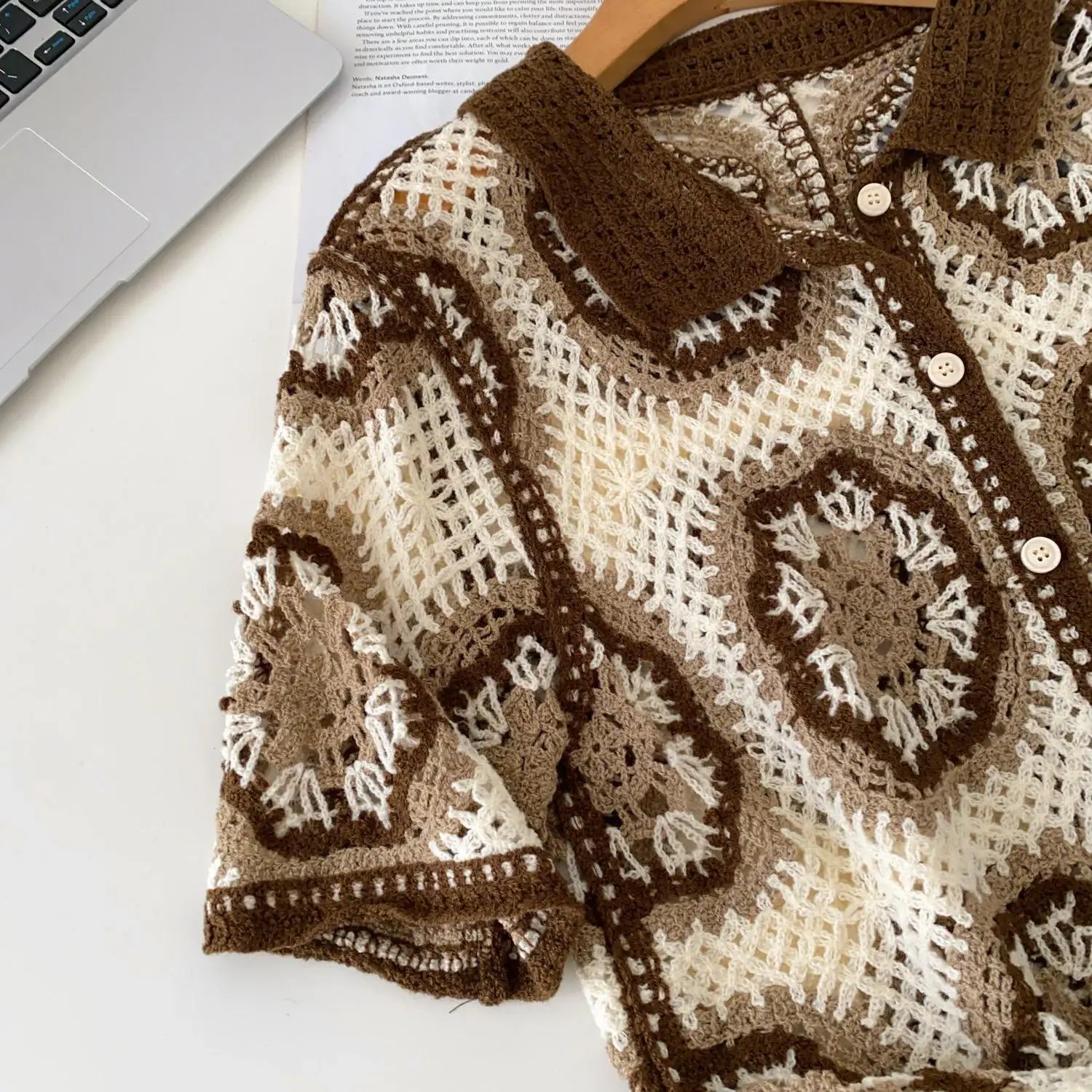 Short Sleeve Button Up Crochet Top Boho Chic Open Knitted Floral Lace Blouse Shirt for Women Summer Beach Cover-up Resort Wear