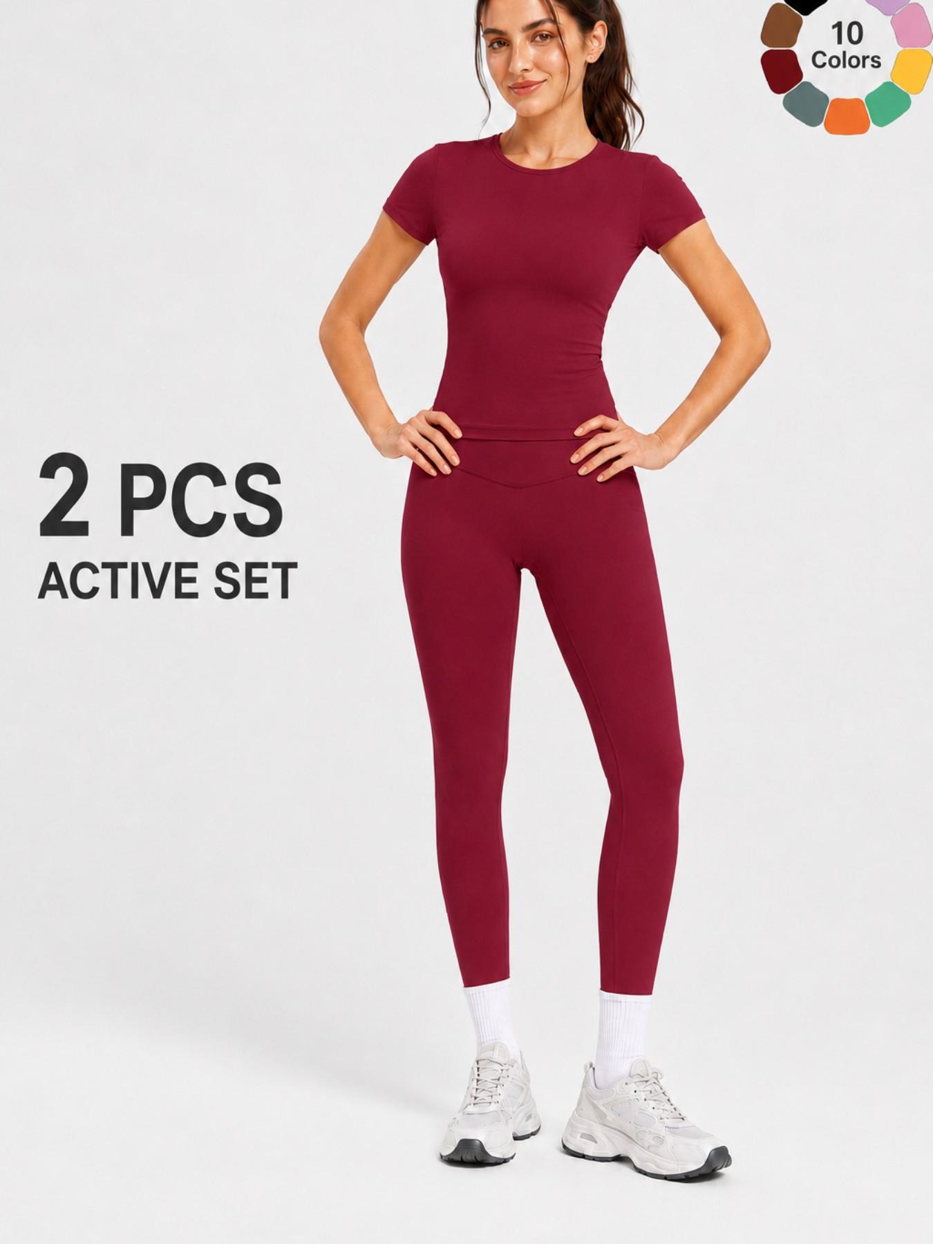 Women's 2 Piece Workout Outfit Sets, Short Sleeve Crew Neck Crop Top & High Waist Yoga Leggings, Casual Athletic Fitness Activewear Tracksuit