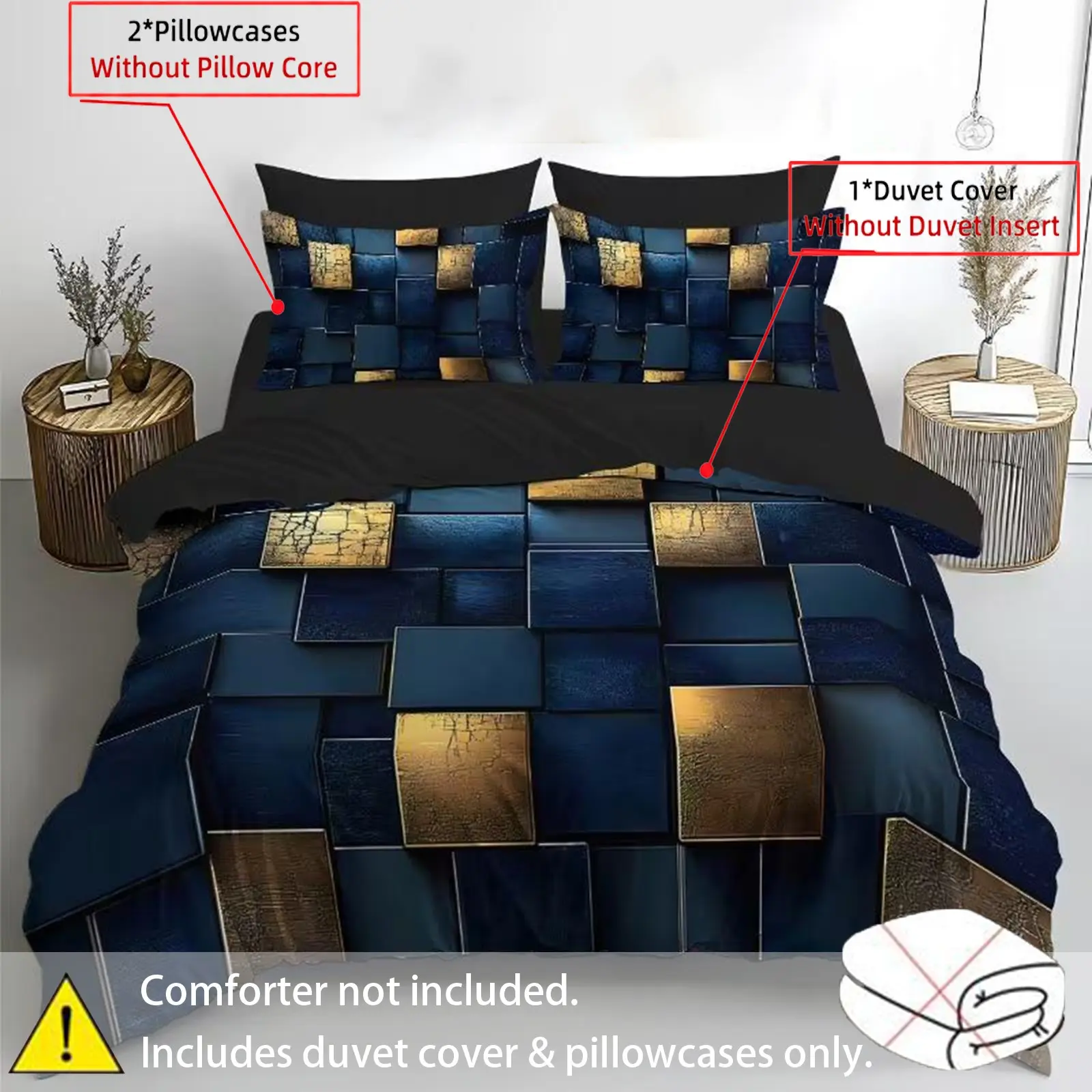2D printed block splicing bedding set of 3 pieces, suitable for bedrooms and guest rooms, including 2 pillowcases and 1 duvet cover (unfilled) made of polyester material, all season bedding, Comfy Bedding Sets, used for bedroom and guest room decoration
