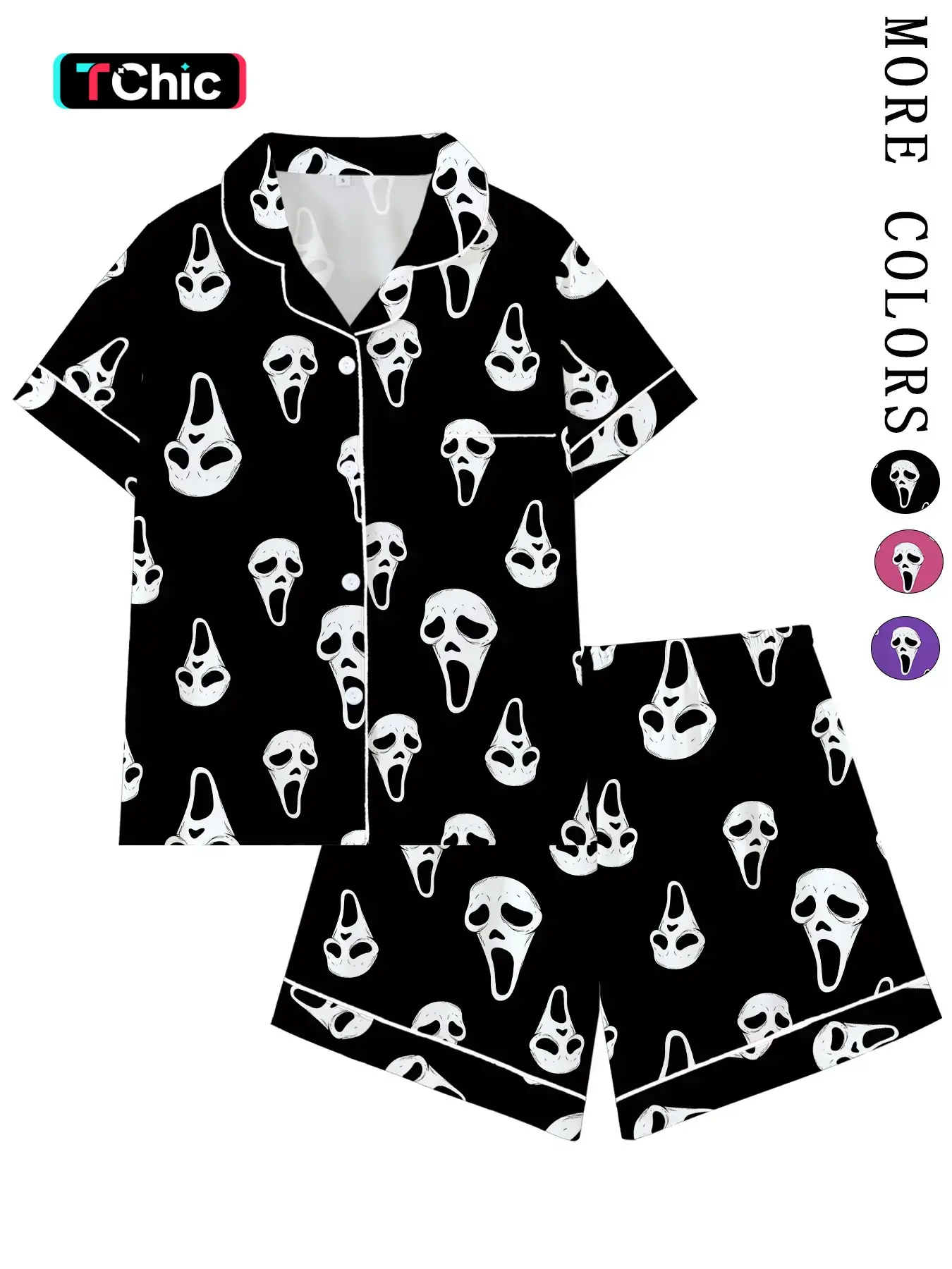 Y2K Horror Mask Pajama Set for Women, Ghost Print Sleepwear, Soft Short-Sleeve Button-Up Matching Loungewear, Fun Halloween 2-Piece, Dark Aesthetic