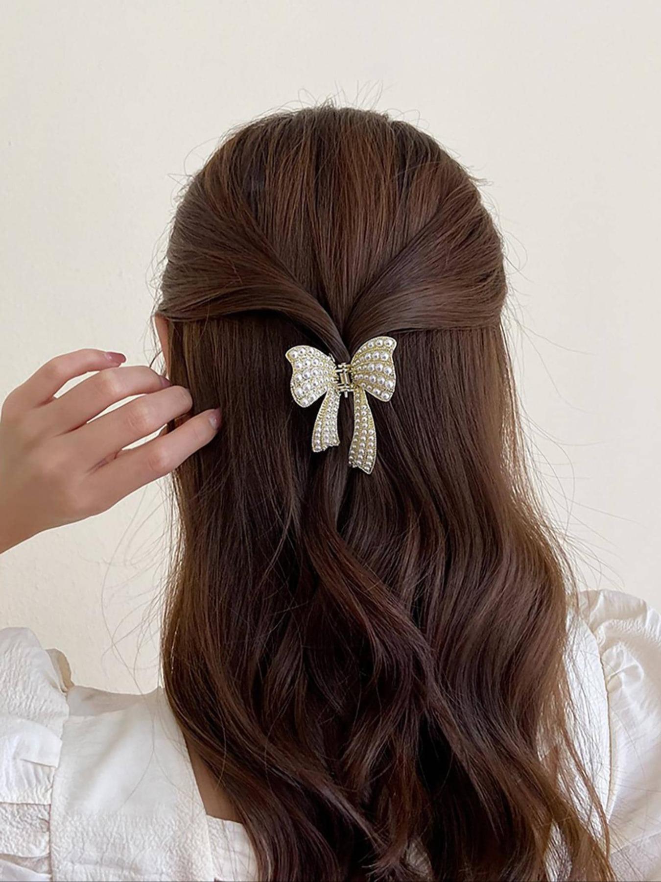 Elegant Faux Pearl Decor & Textured Metal Decor Hair Claw, Bow-shaped Hair Claw, Fashion Butterfly Design Hair Accessories for Women & Girls, Ponytail Claw Clip, Butterfly Clips, Barrettes