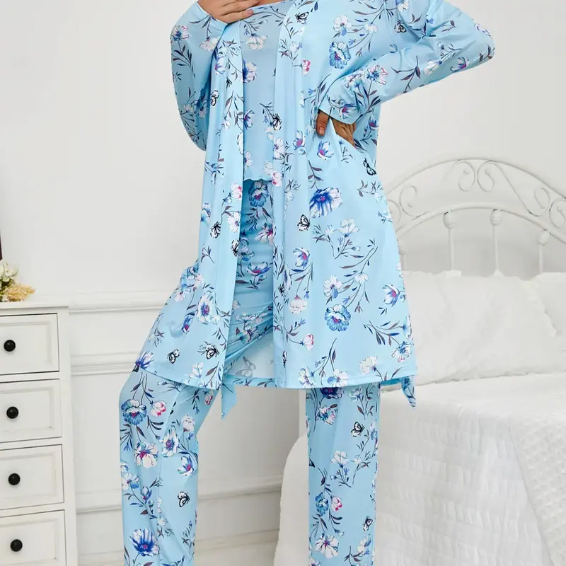 Three-Piece Set Women's Floral Butterfly Print Lettuce Trim Belted Lounge Robe & Cami Top & Pants Pyjama Set, Casual Comfy Three-piece Sleepwear Set for Women, Ladies Sleepwear for All Seasons