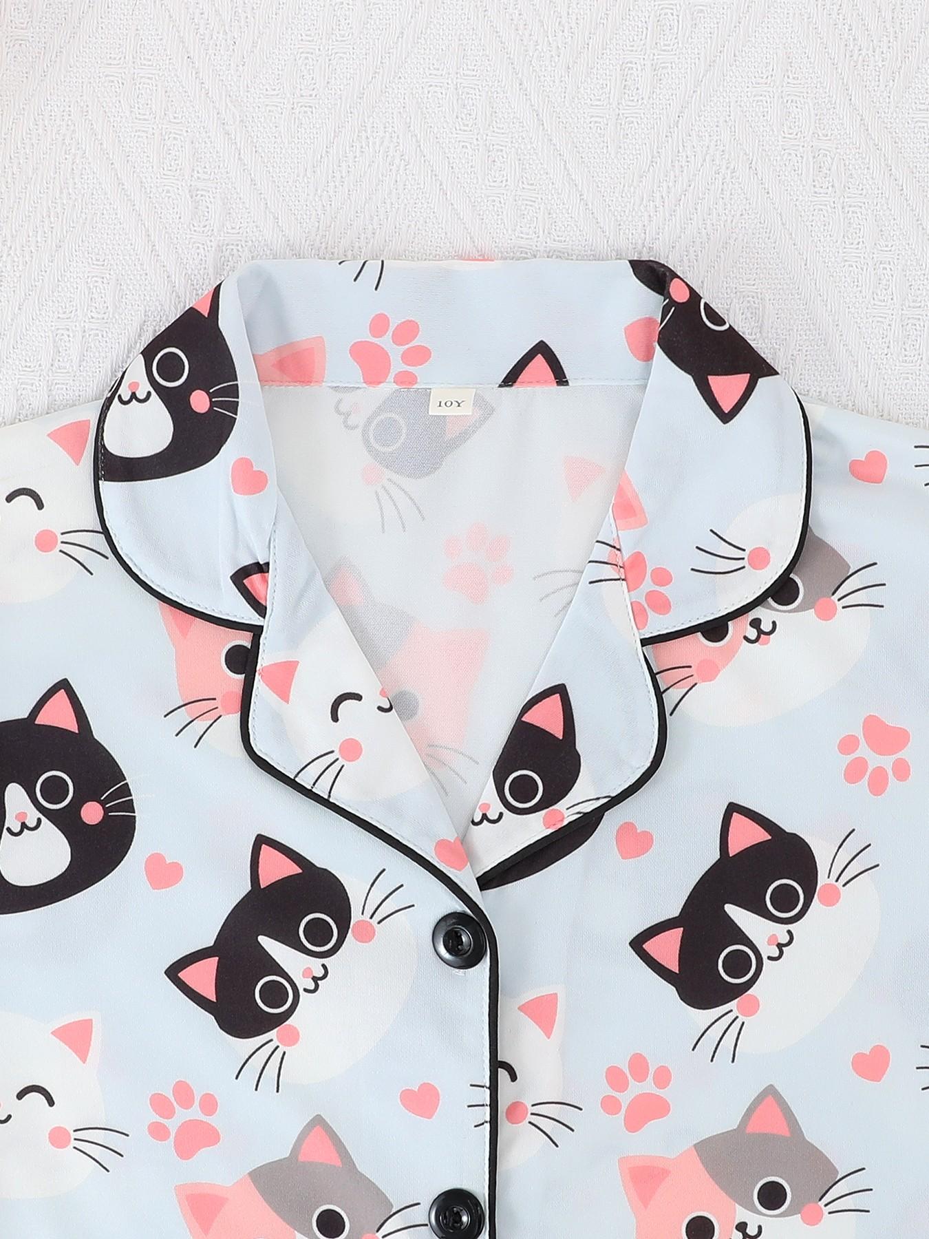 2-Piece Kids Pajama Set, Cartoon Cat Footprint Pattern, Fashion Open-Cardigan Short Sleeve, Flame-Retardant Knit, All Seasons, Party Gift