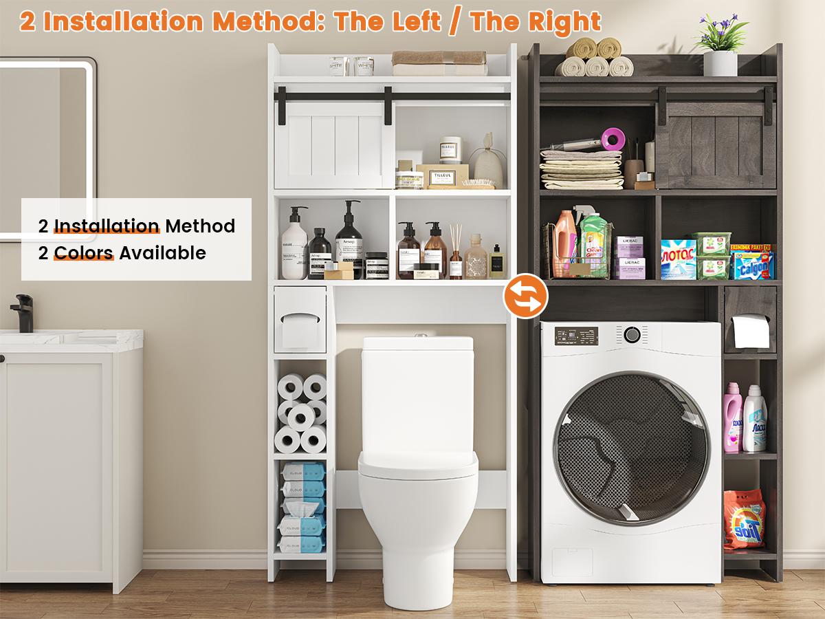 Over-The-Toilet Storage Cabinet with Sliding Door & Toilet Paper Holder Stand, Bathroom Organizer with Side Storage for Restroom