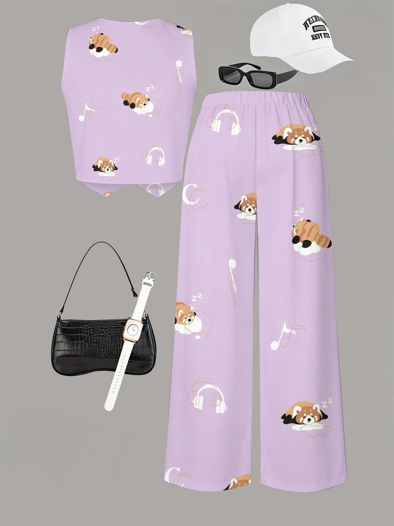 Spring & Fall Casual Set, Light Panda Note V-Neck Vest + Elastic Waist Wide Leg Pants Two-Piece Suit, Sleeveless, Natural Waist