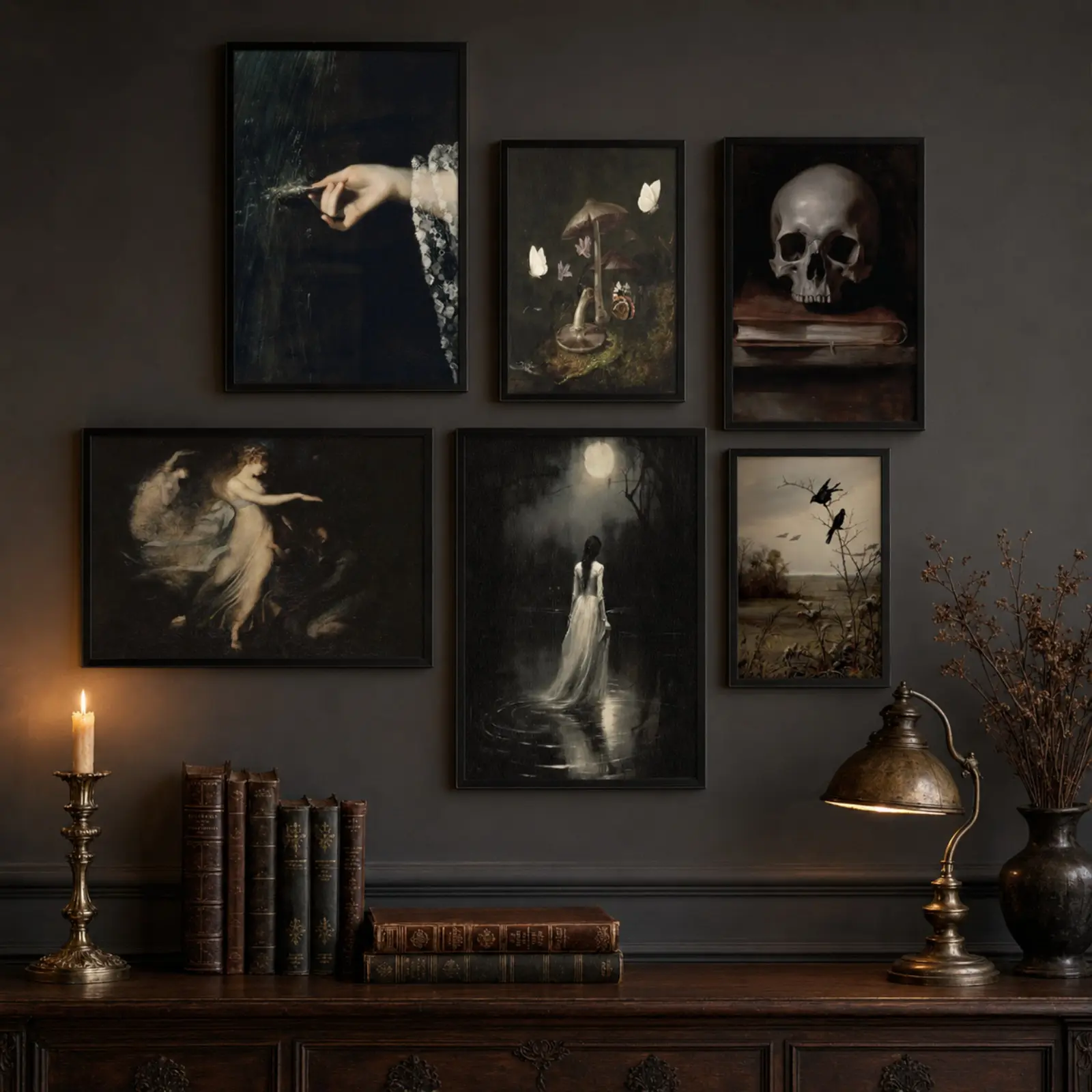 Vintage Gothic Dark Academia Canvas Wall Art Set,Skull Ghost Mushroom Raven Posters, Moody Victorian Halloween Prints for Bedroom, Living Room, Study and Dorm Decor, Framed or Unframed
