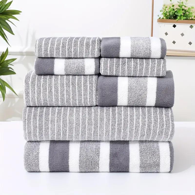 8 Counts Striped (2, 2 Hand Towels, 4 Dishcloths) | Soft & Quick-Drying | For Home & Travel | Absorbent Thickened Towels