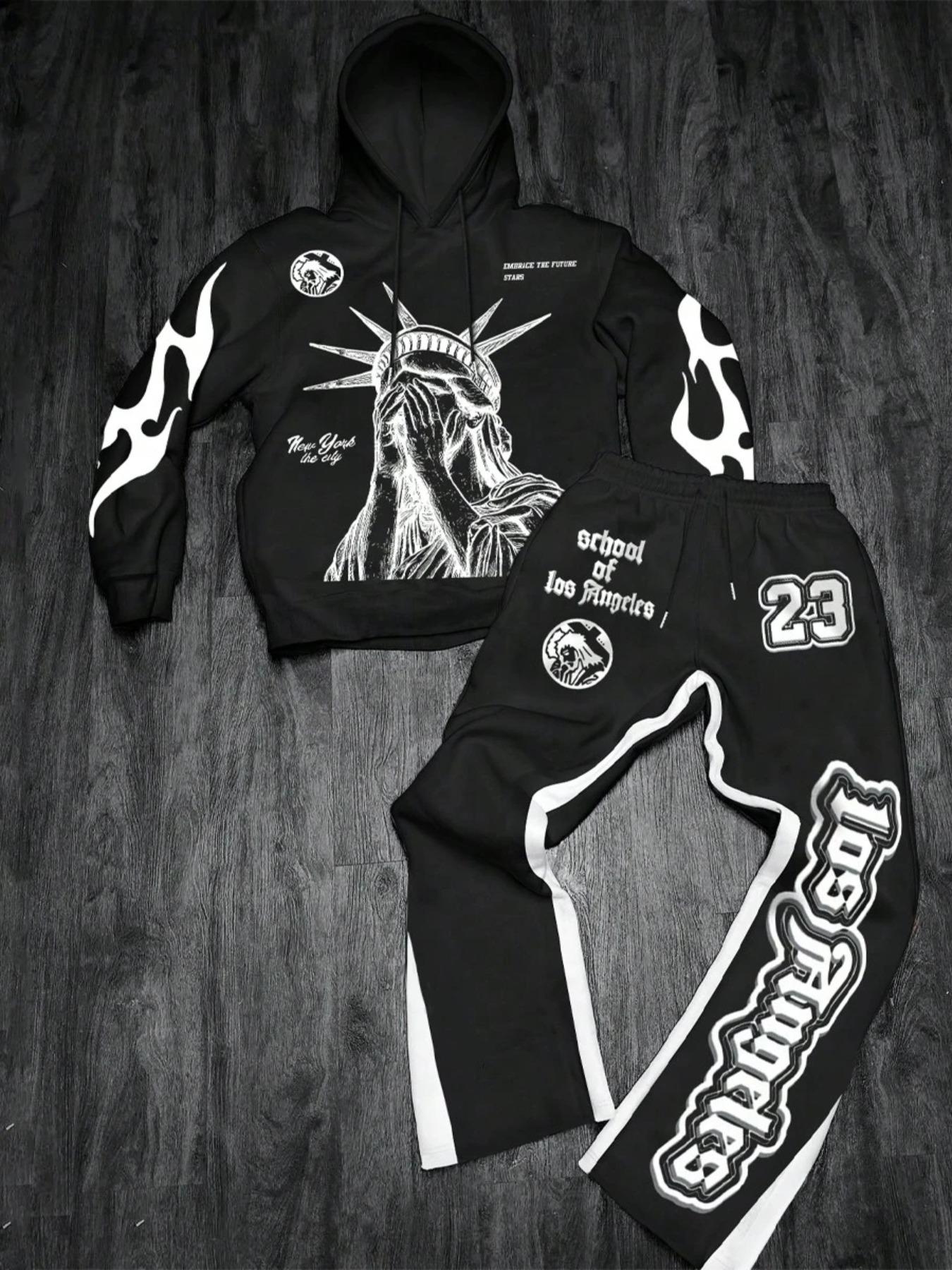 TikTok Trending American City - Themed Streetwear Set, Black Hoodie & Pants with Statue of Liberty and Los Angeles Graphic Print,  Ideal for Edgy Outfits During TikTok Shop Black Friday Sales and Christmas Gift Ideas