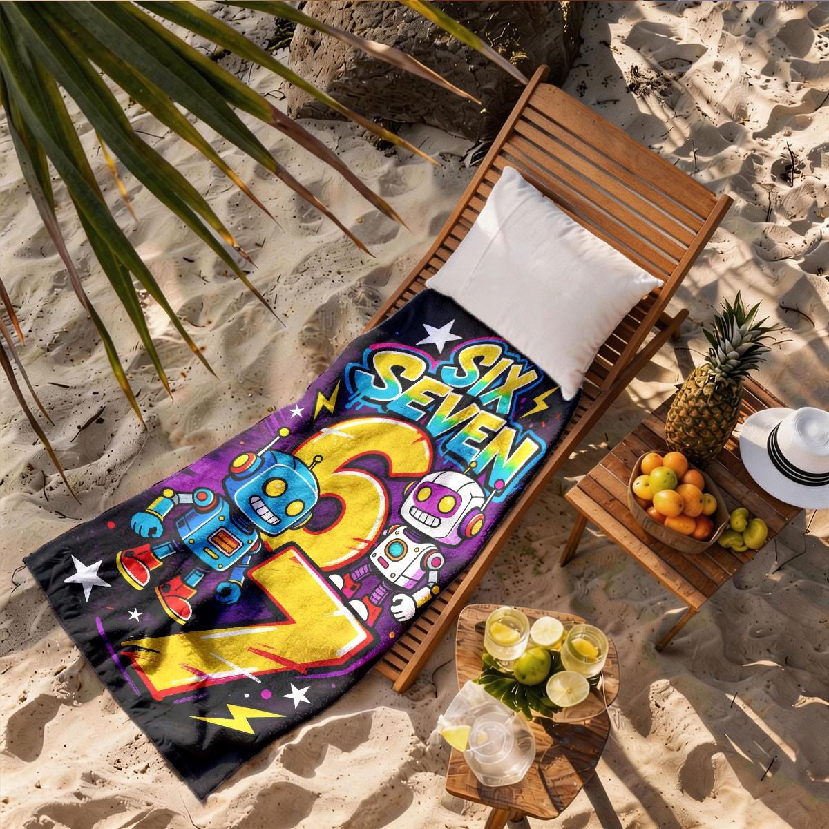 A Number 67 Robot Graffiti Trendy Printed Beach Towel - Oversized, Skin-friendly, Absorbent and Quick-drying, Perfect for Beach and Pool Leisure, Ideal for Summer Trips - Suitable for Seaside Vacations, Pool Parties and Outdoor Picnics Quick Drying Towels