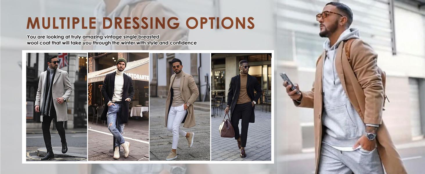 COOFANDY Mens Wool Blend Coat Winter Trench Coats Notched Lapel Collar Single Breasted Overcoat Classic Peacoat With Pockets Menswear Casual